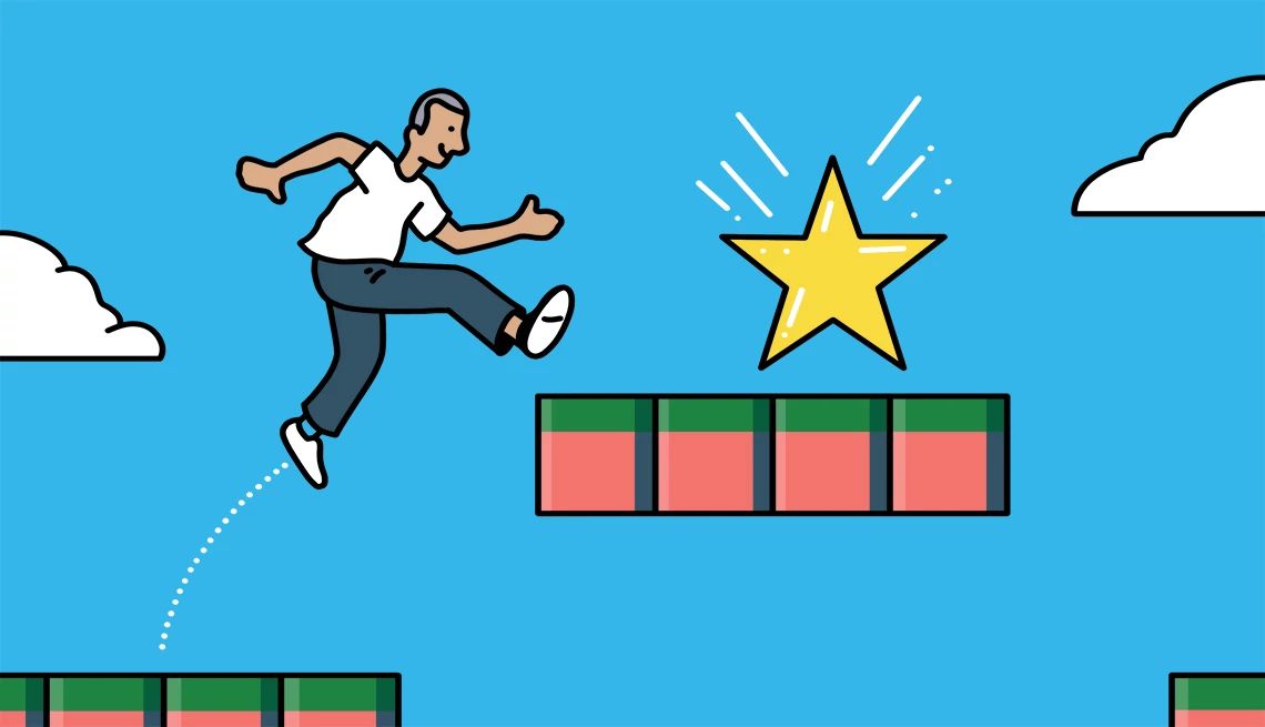 Make it fun by playing games Illustration of person jumping from one group of bricks to another, like in the video game Super Mario