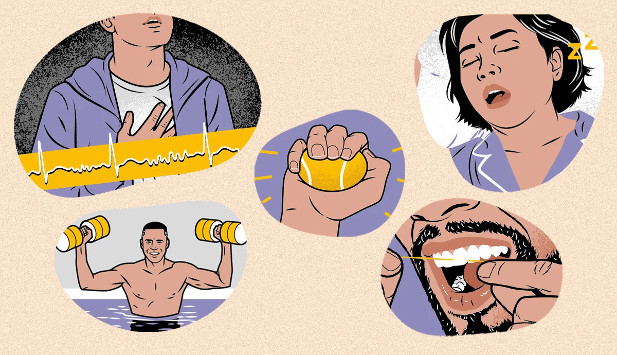 Una ilustración que muestra a un hombre sujetándose el pecho, una mano apretando una pelota de tenis, una mujer roncando, un hombre usando hilo dental y un hombre haciendo ejercicio en una piscina.