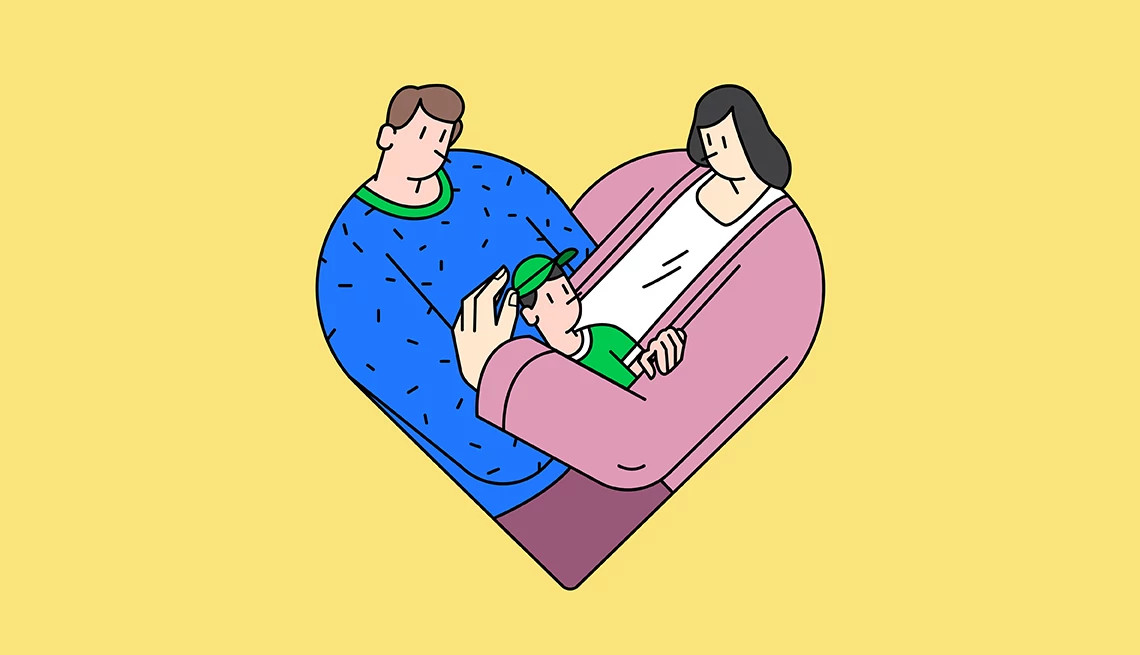 An illustration shows a man, woman and child morphing into the shape of heart.