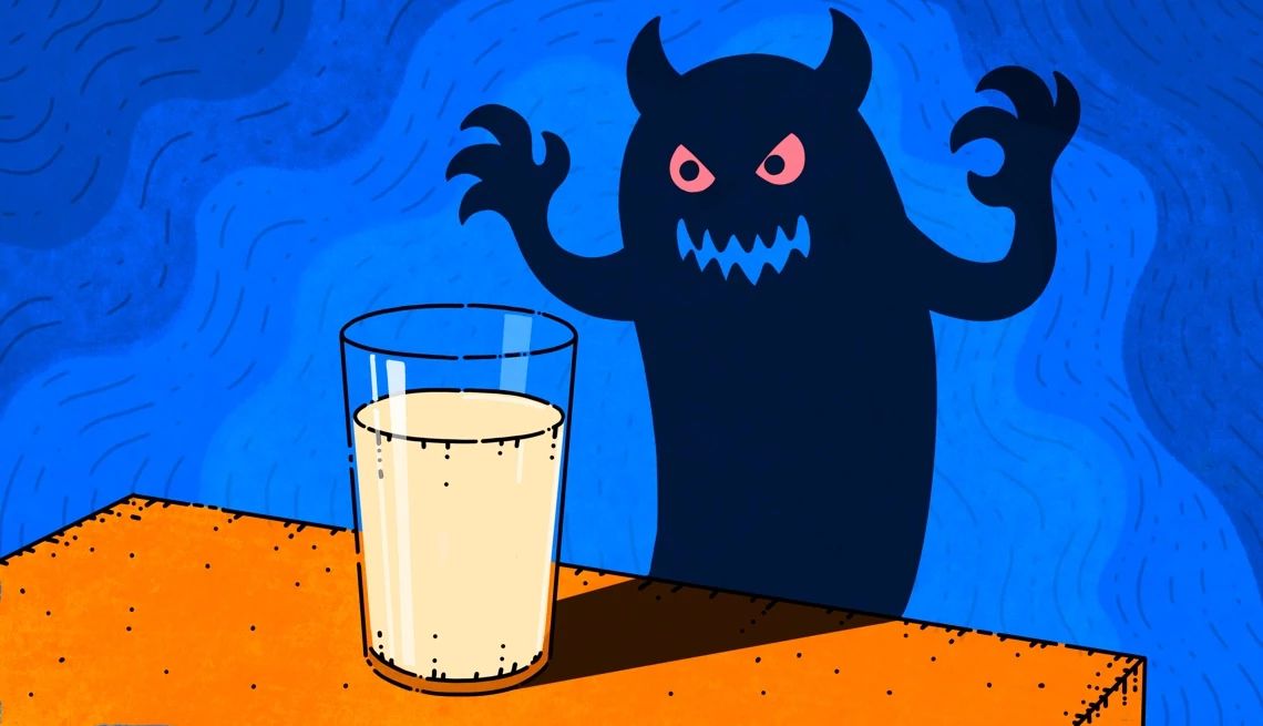 ¿El queso te da pesadillas? ilustración de un vaso de leche y su sombra transformada en un fantasma con ojos rojos, garras y cuernos.