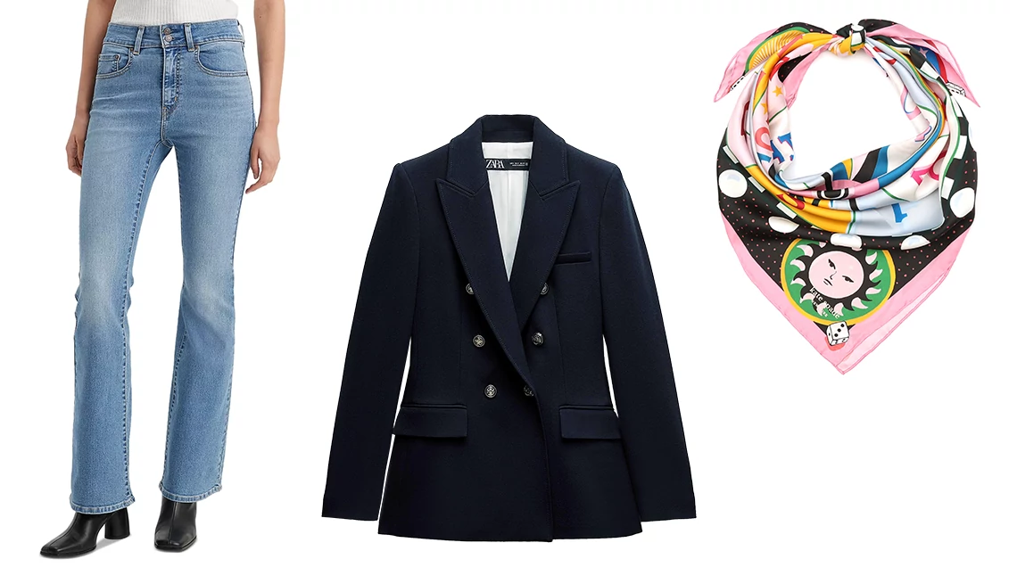 A white shirt with a blazer, jeans and a scarf Levi’s Women’s 726 Western Flare Slim Fit Jeans; Zara Tailored Double Breasted Blazer; Kate Spade Fortune Spinner Square Silk Scarf in Pink Multi