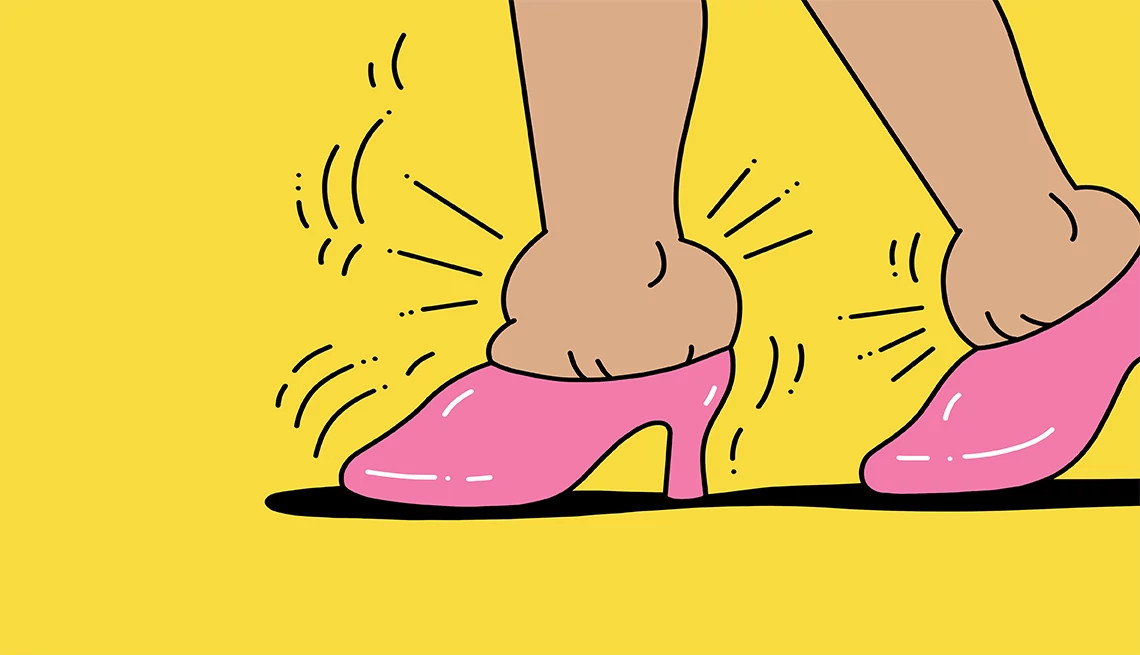 illustration of a person's feet in pink high-heeled shoes against a bright yellow background. The feet and ankles appear significantly swollen, bulging out over the edges of the shoes.