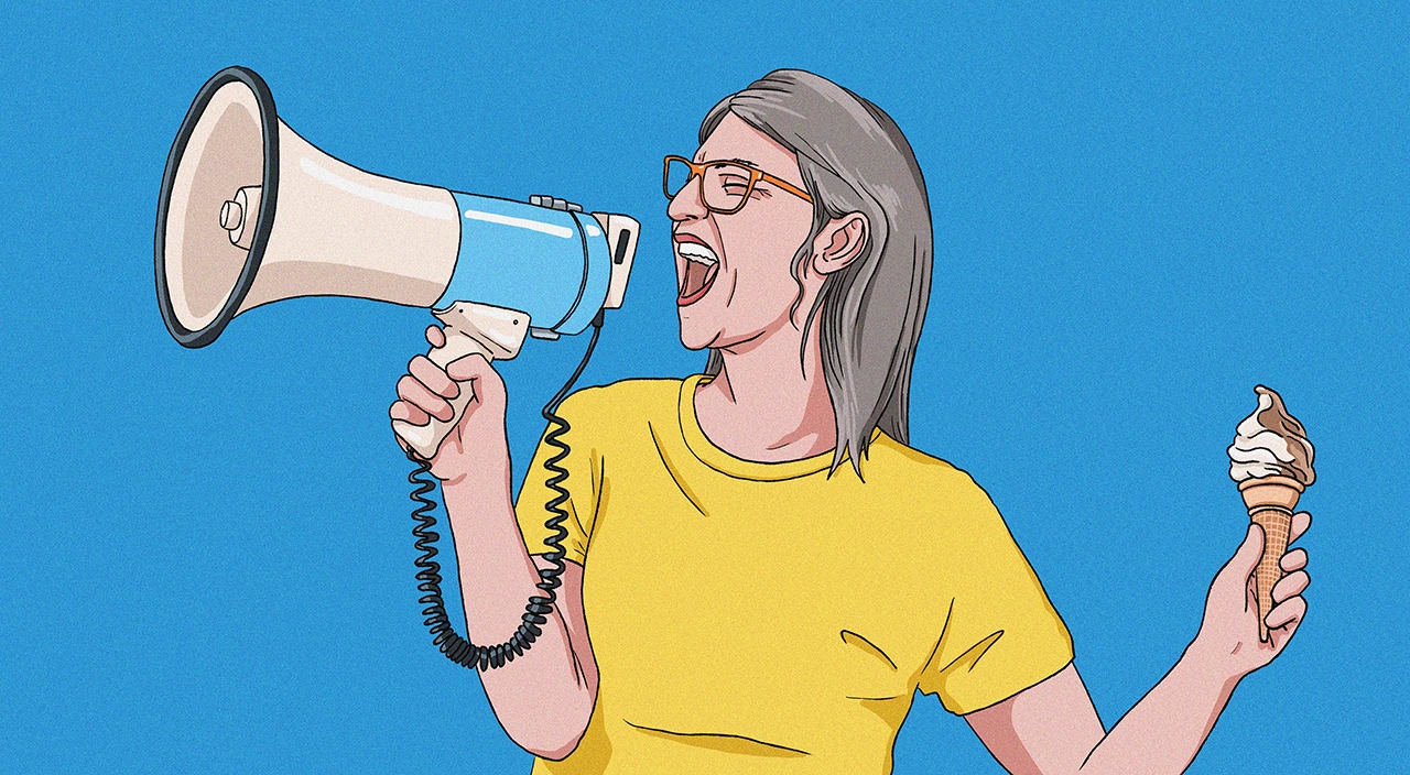 illustration of woman yelling through bullhorn speaker and holding ice cream 