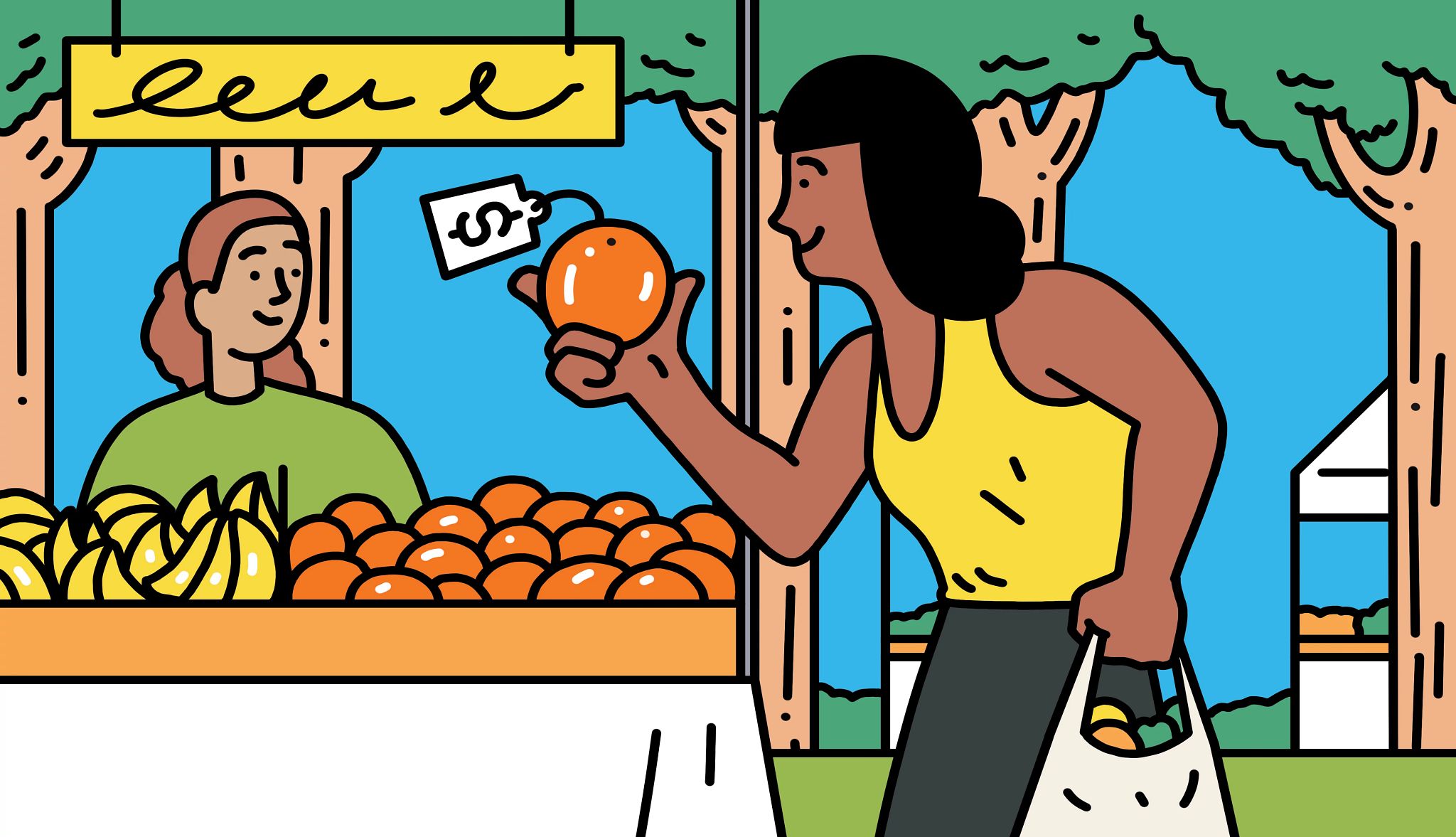 ilustración de una mujer en un mercado comprando una naranja