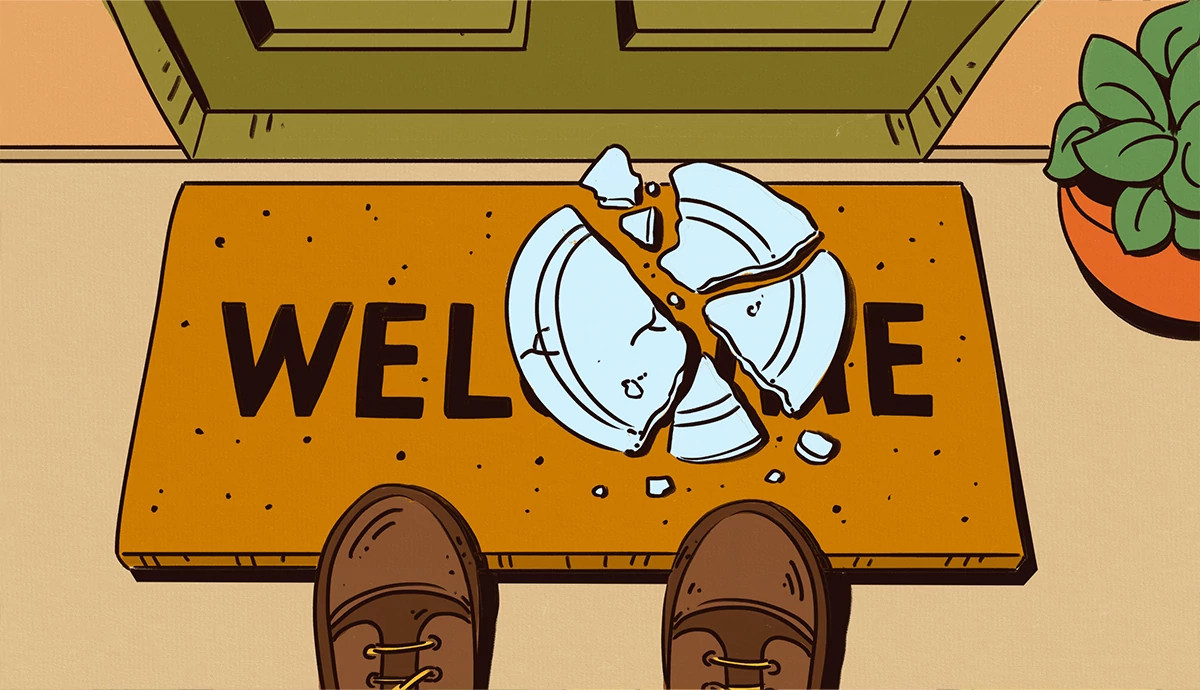 an illustration shows a smashed plate on a welcome mat