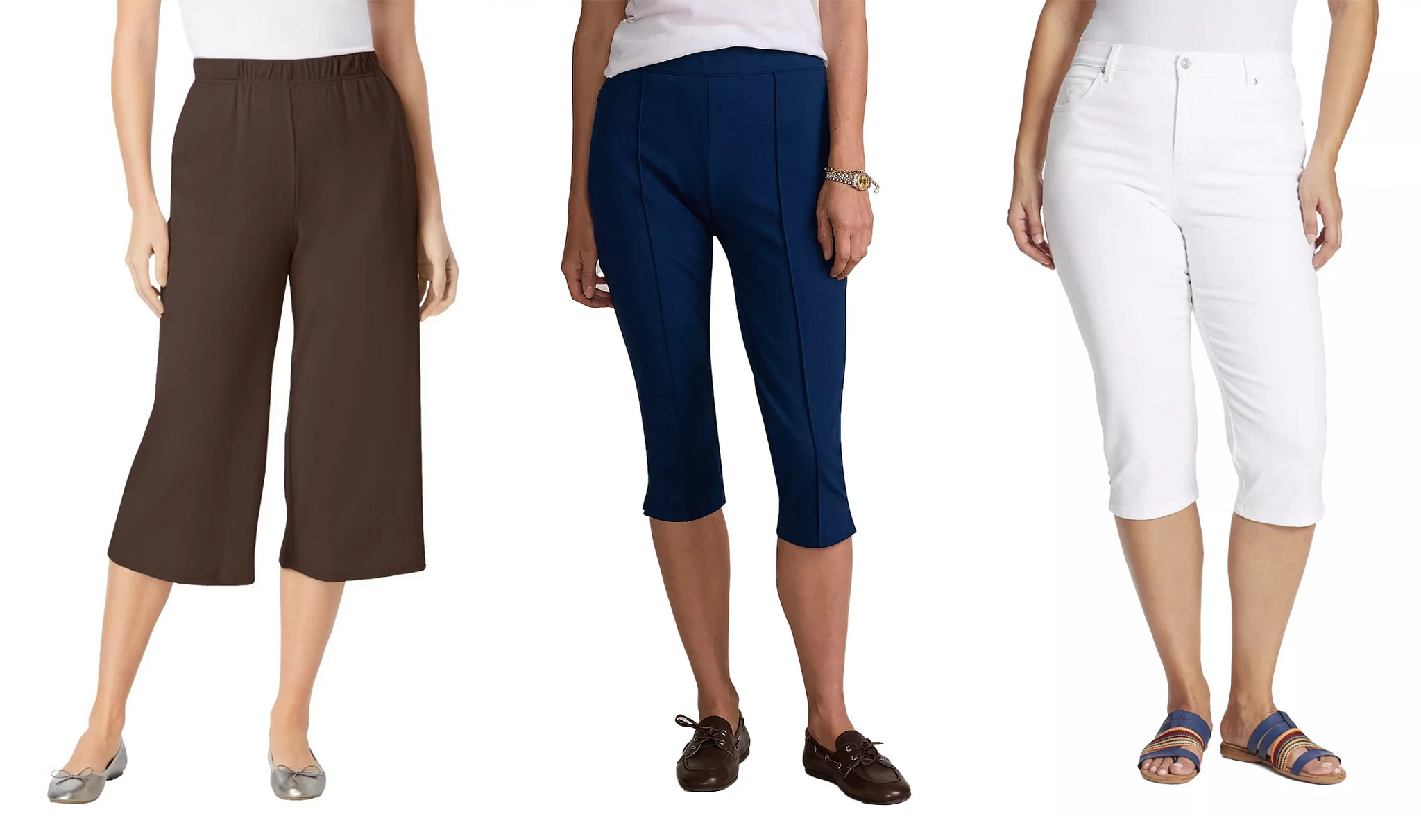 a collage with three models wearing capri trouses