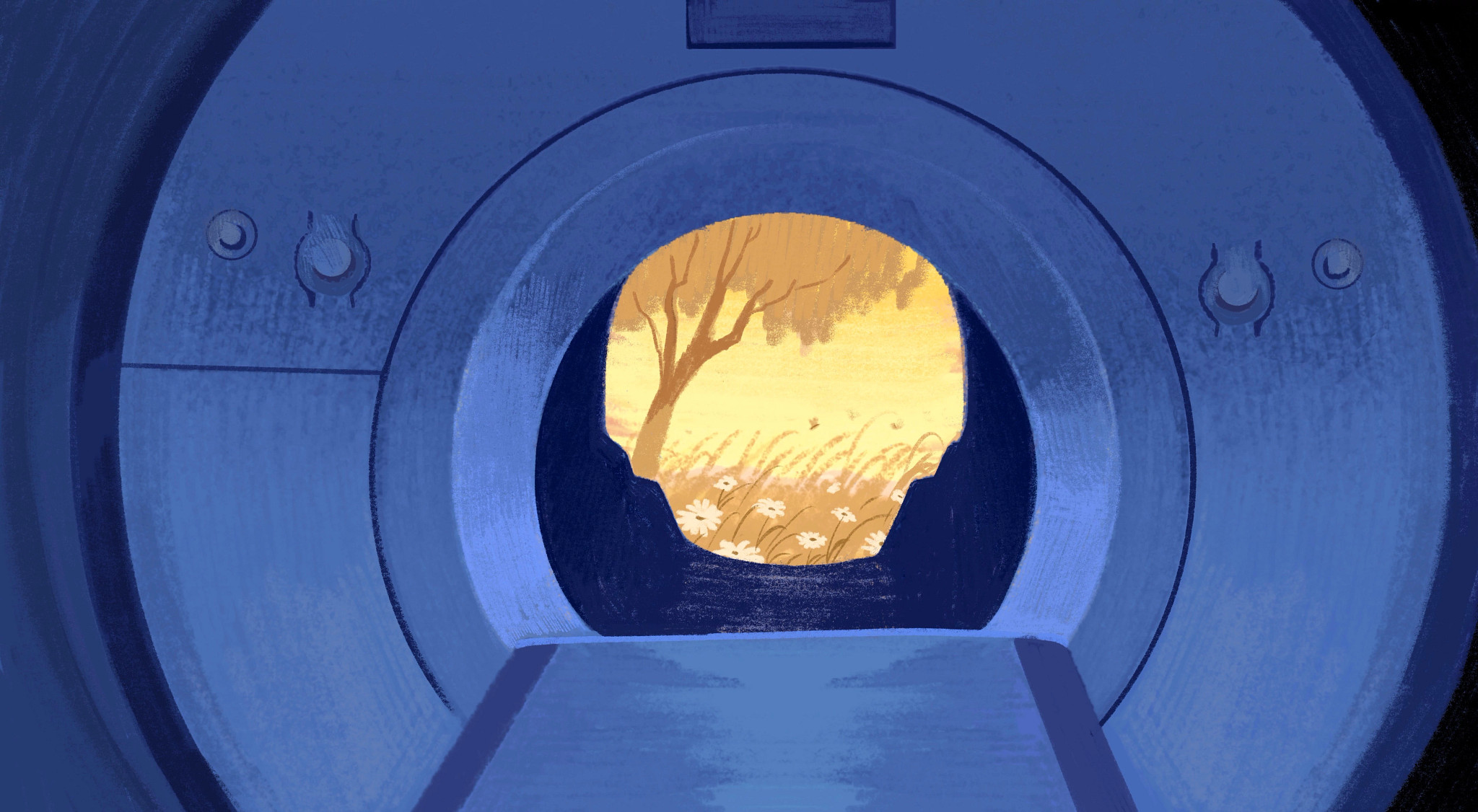 A medical imaging scanner tunnel opening to a sunlit meadow with flowers and a tree.