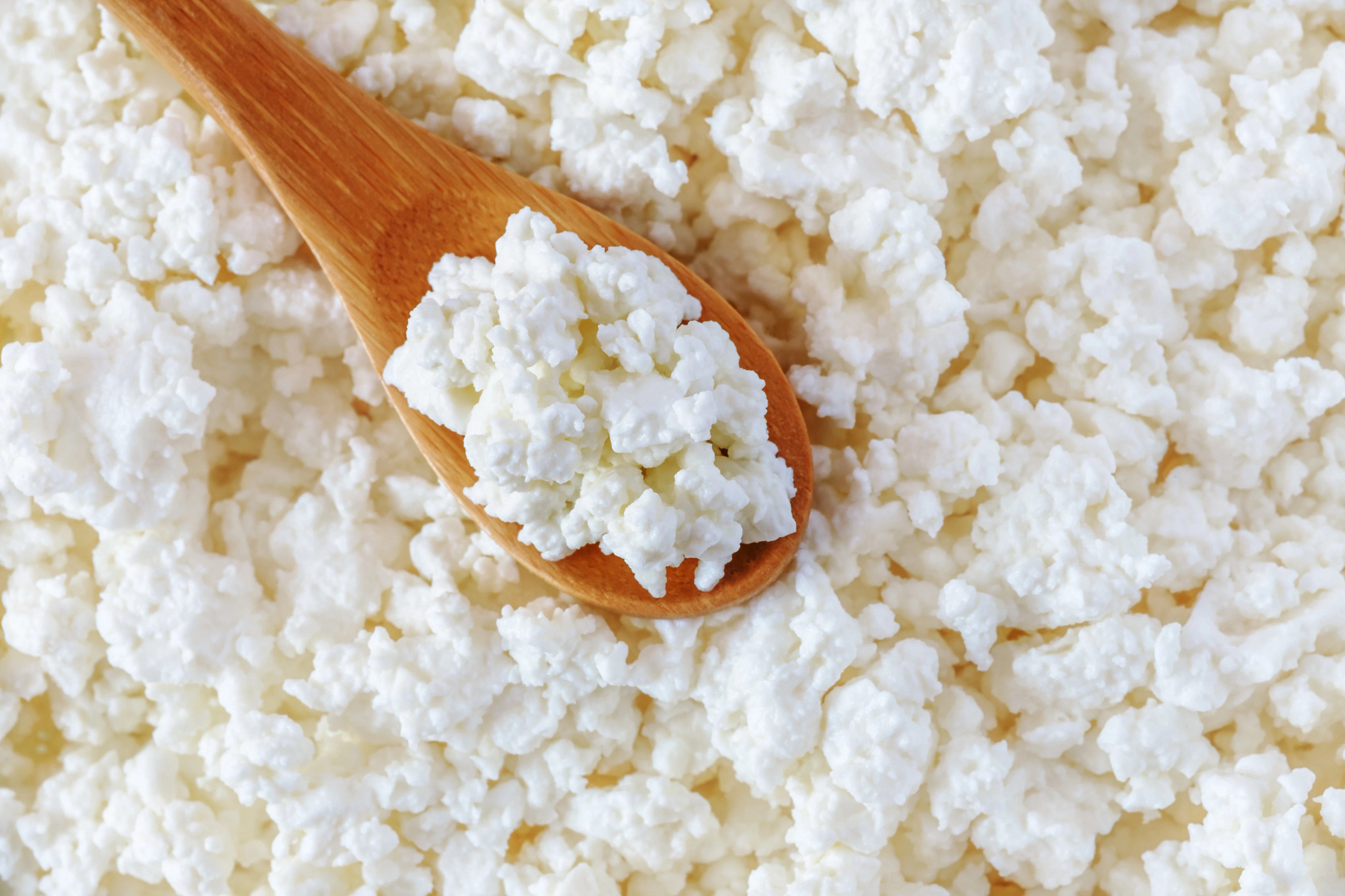Fresh cottage cheese served on a wooden spoon surrounded by creamy cheese curds