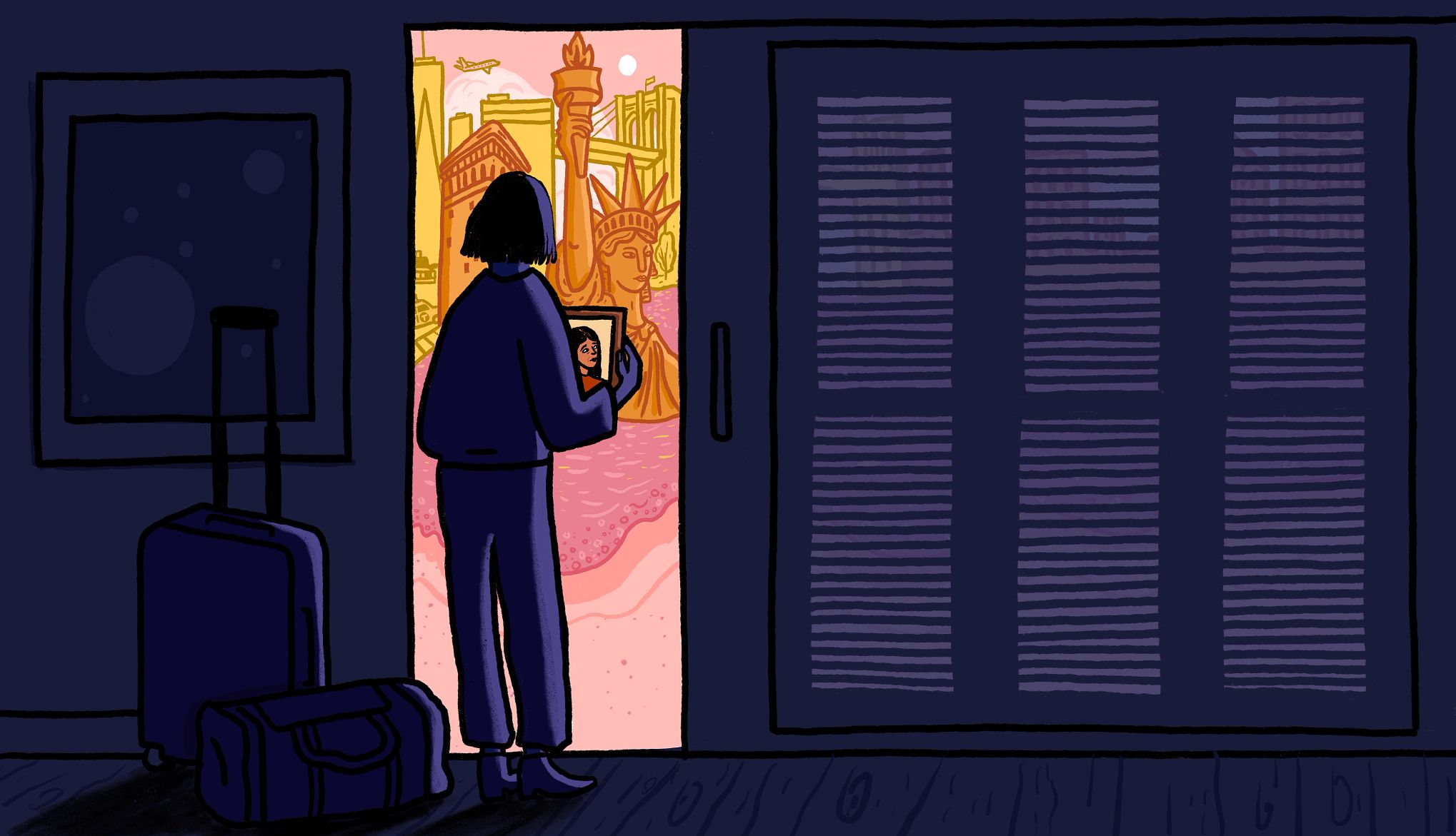 My Mother Never Took a Vacation, So I Take Them For Her a person going on a trip while looking at various landmarks