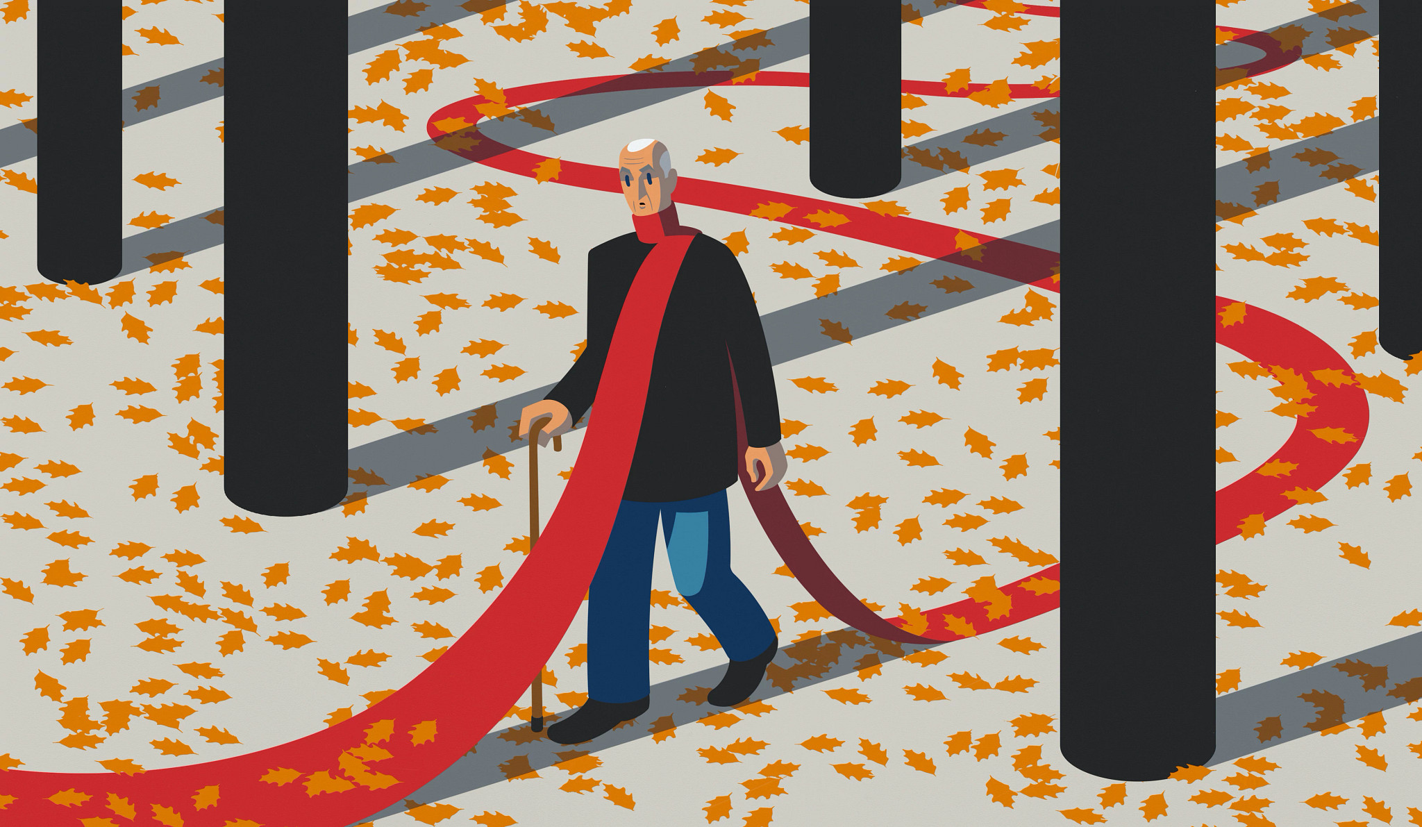 an illustration shows an older person walking with a cane in a forest, while a red line marks their path
