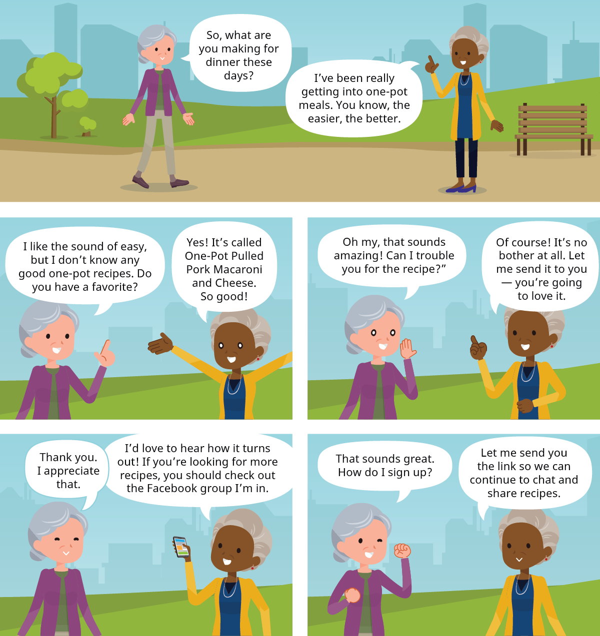 An illustration showing two women talking and using active listening to keep the conversation flowing.