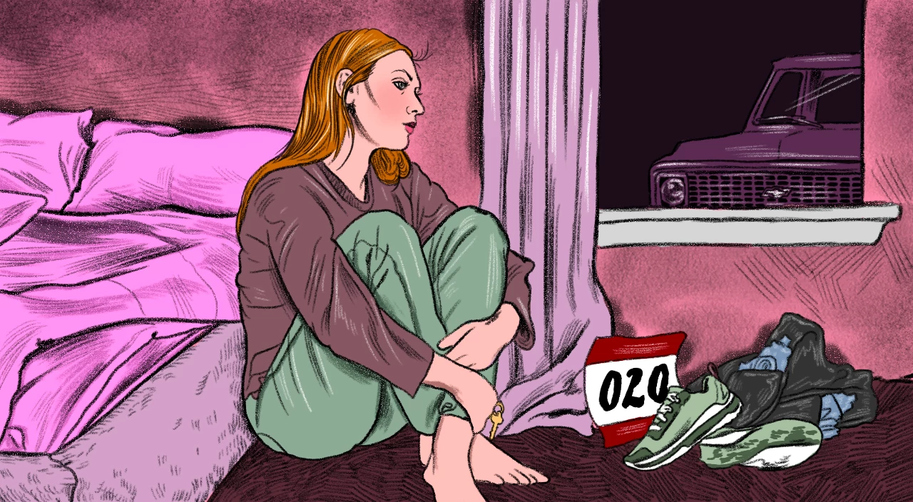 illustration of pensive woman sitting on the floor by her bed, conquering fear