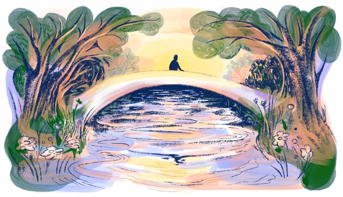 Planning a Good Death a figure crosses an illustrated bridge