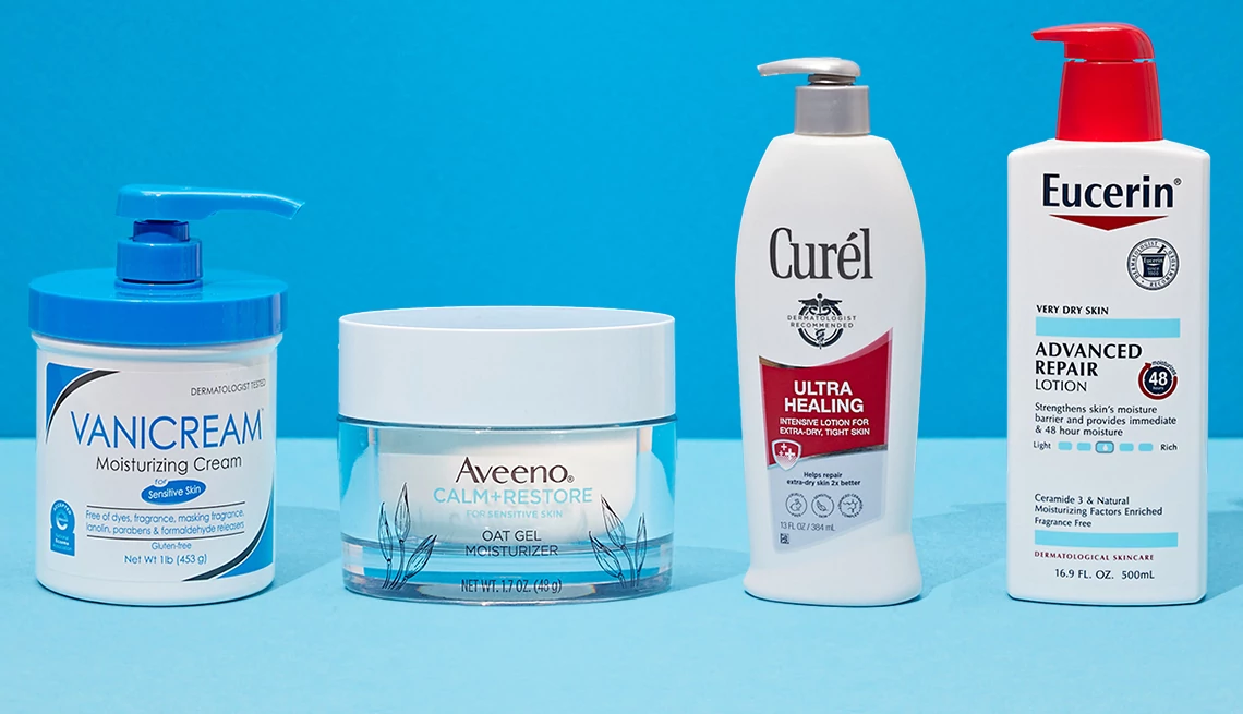 Vanicream Moisturizing Cream for Sensitive Skin; Aveeno Calm + Restore Oat Gel Moisturizer-Sensitive Skin; Curel Ultra Healing Intensive Lotion for Hands & Body; Eucerin Advanced Repair Unscented Body Lotion for Dry Skin