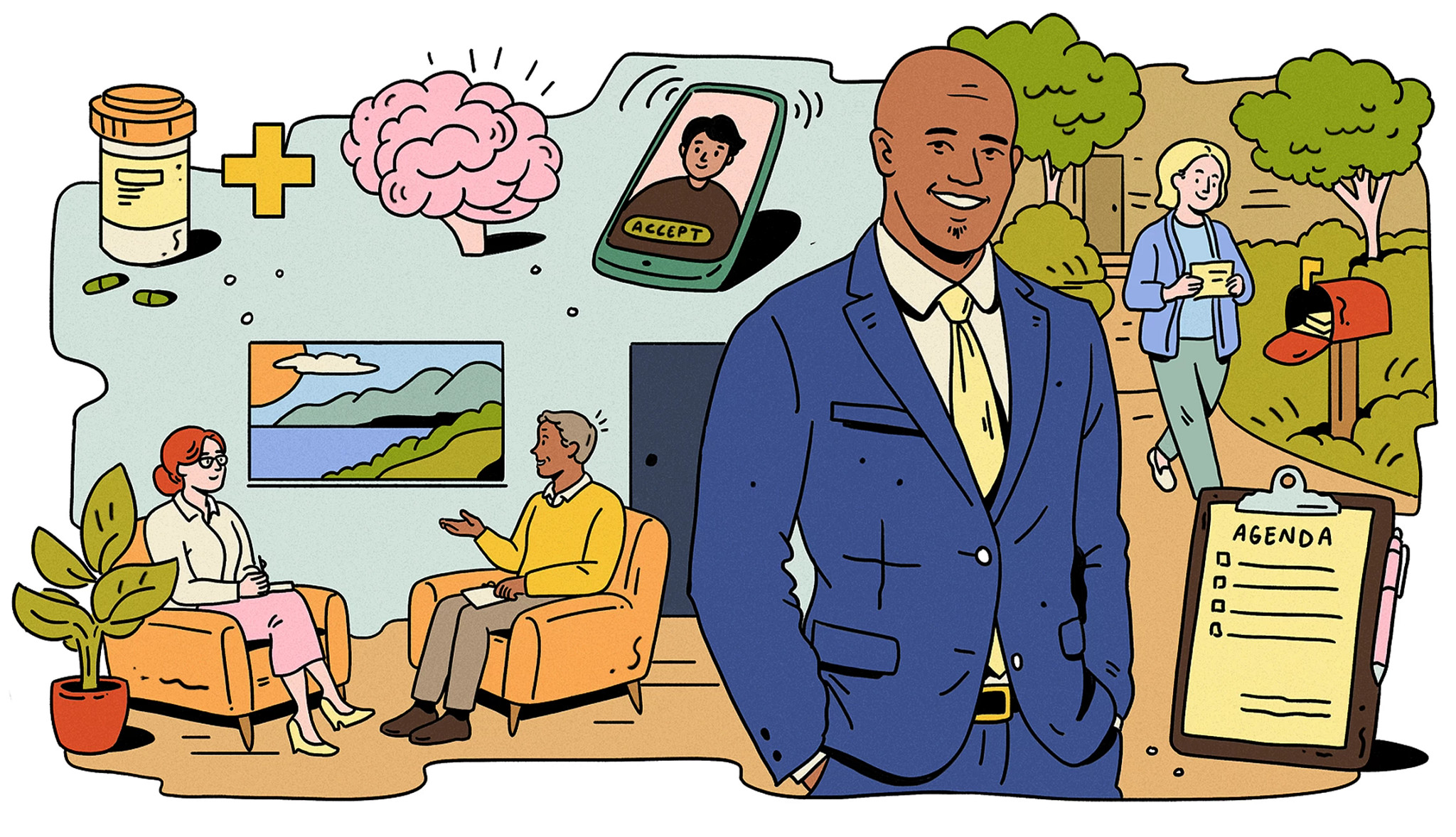 illustration featuring Dr. Kevin Chapman in a blue suit, surrounded by scenes of cognitive behavioral therapy (CBT) in action.