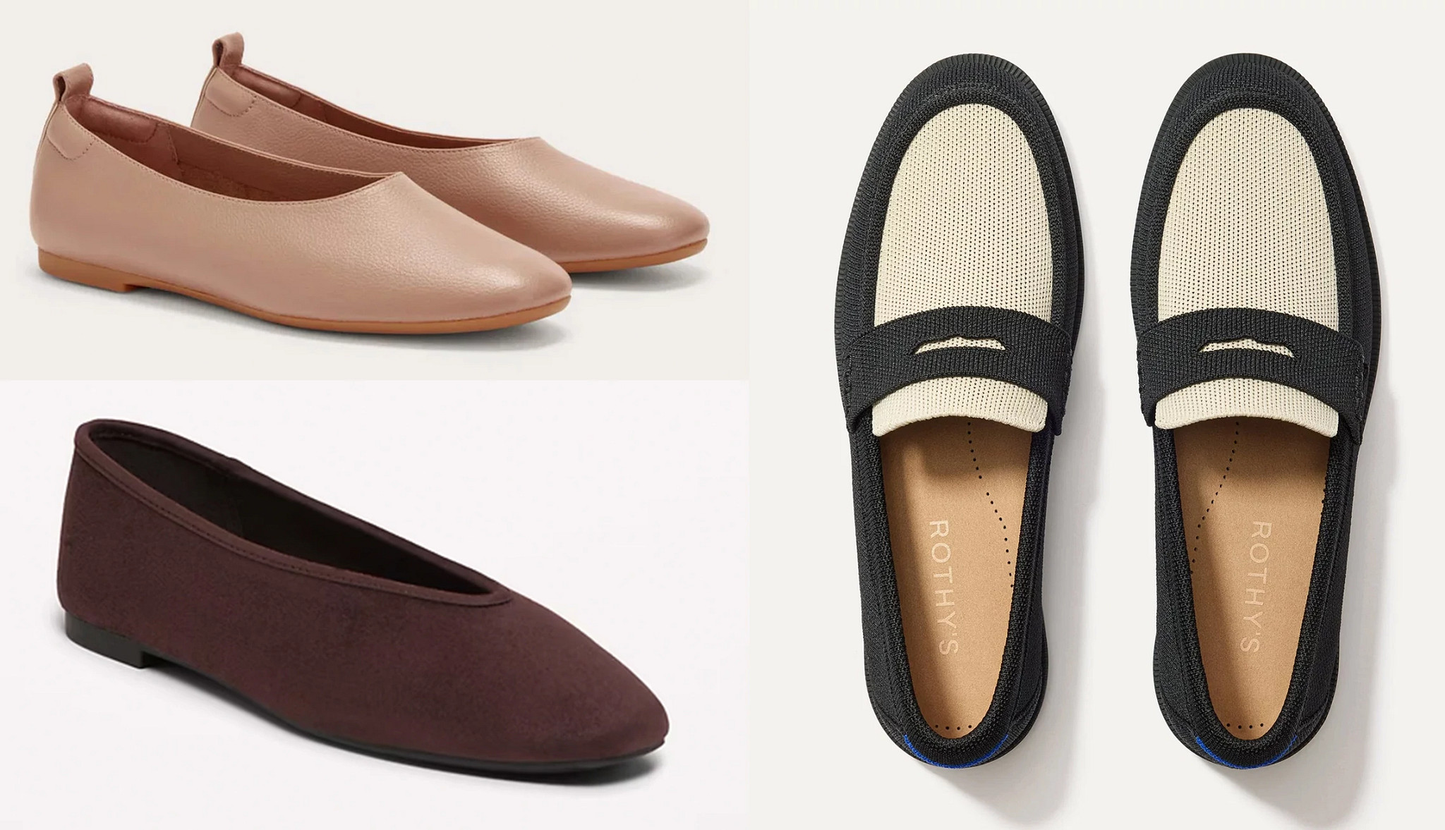 three different styles of womens flat shoes in a collage