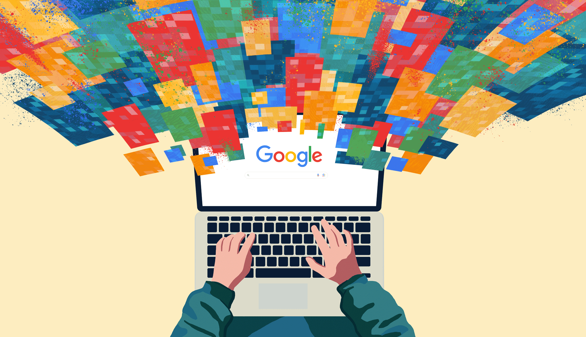 a graphic illustration shows an overhead view of man using the google search engine on a laptop computer, searching ‘how to lose weight after 50.’ Above the laptop is a descending vortex of pixelated tiles