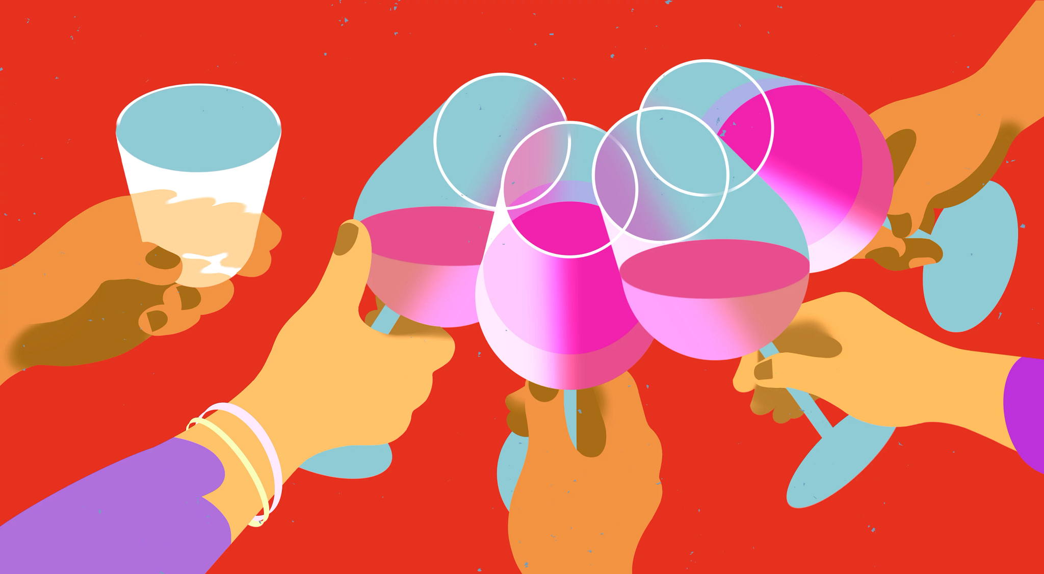 illustration of hands holding wine glasses and one cup of water