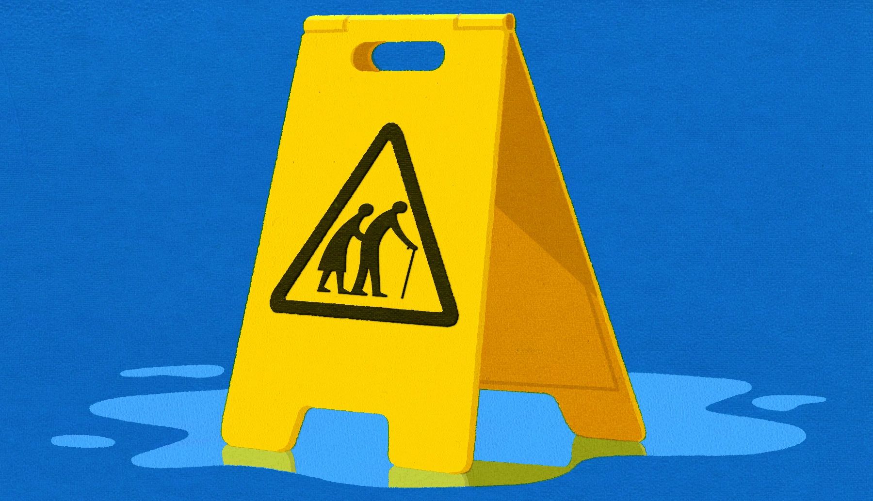 AARP backs fall prevention bill a yellow caution sign warning people about a puddle on the floor