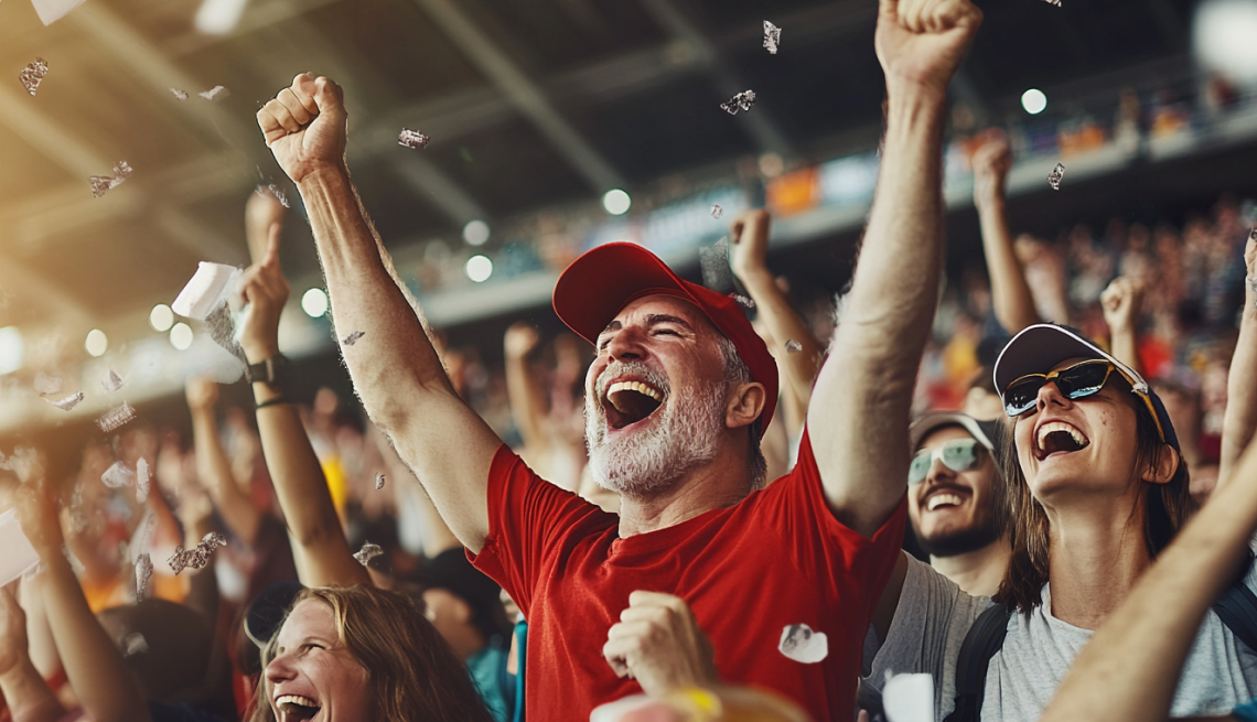 Man with grey beard and red hat celebrating in the stands at a soccer game he bought tickets for on FEVO