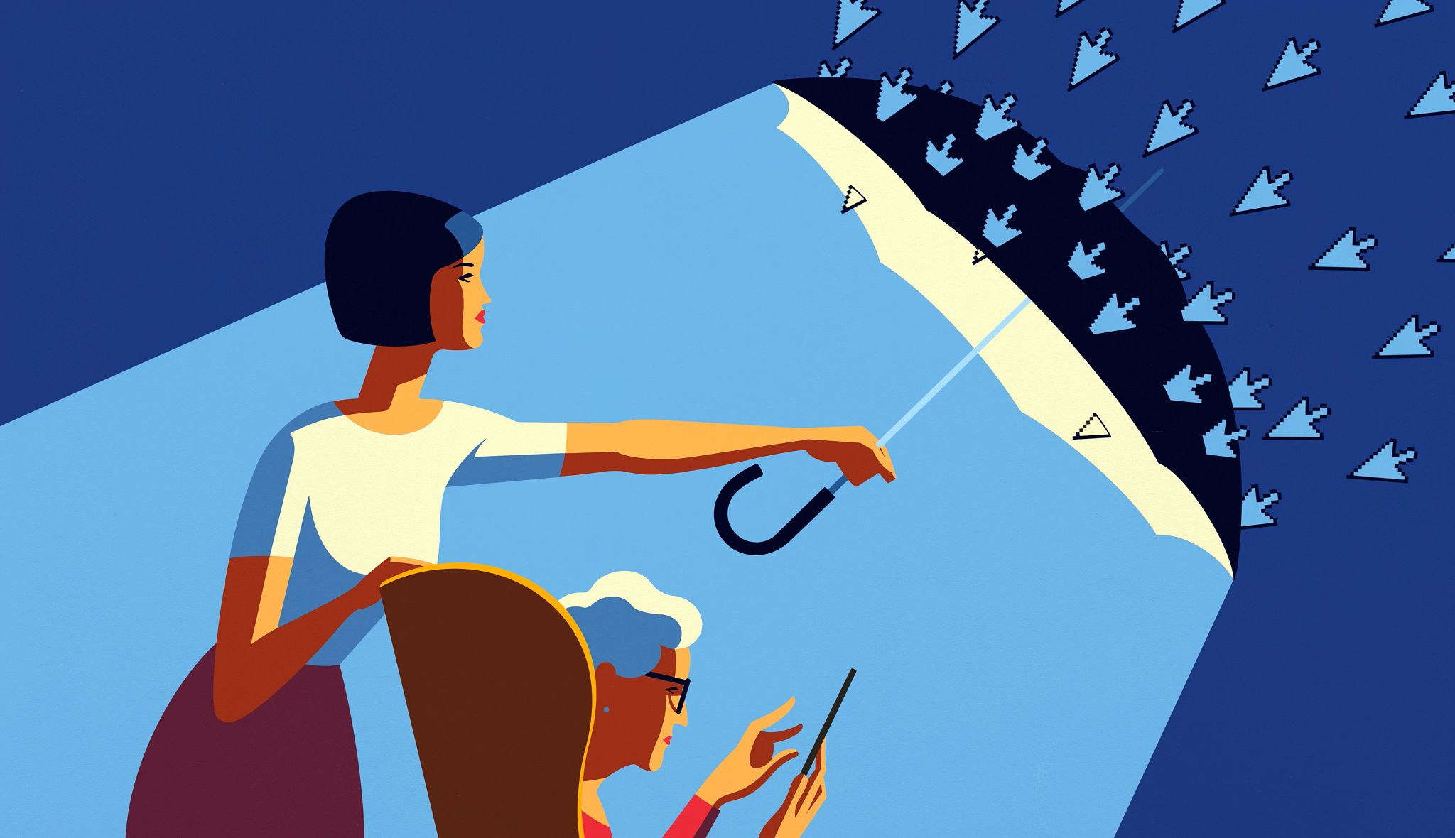 keep your loved ones with cognitive decline safe from scammers a woman holding an umbrella over an older woman sitting in a chair on a smartphone