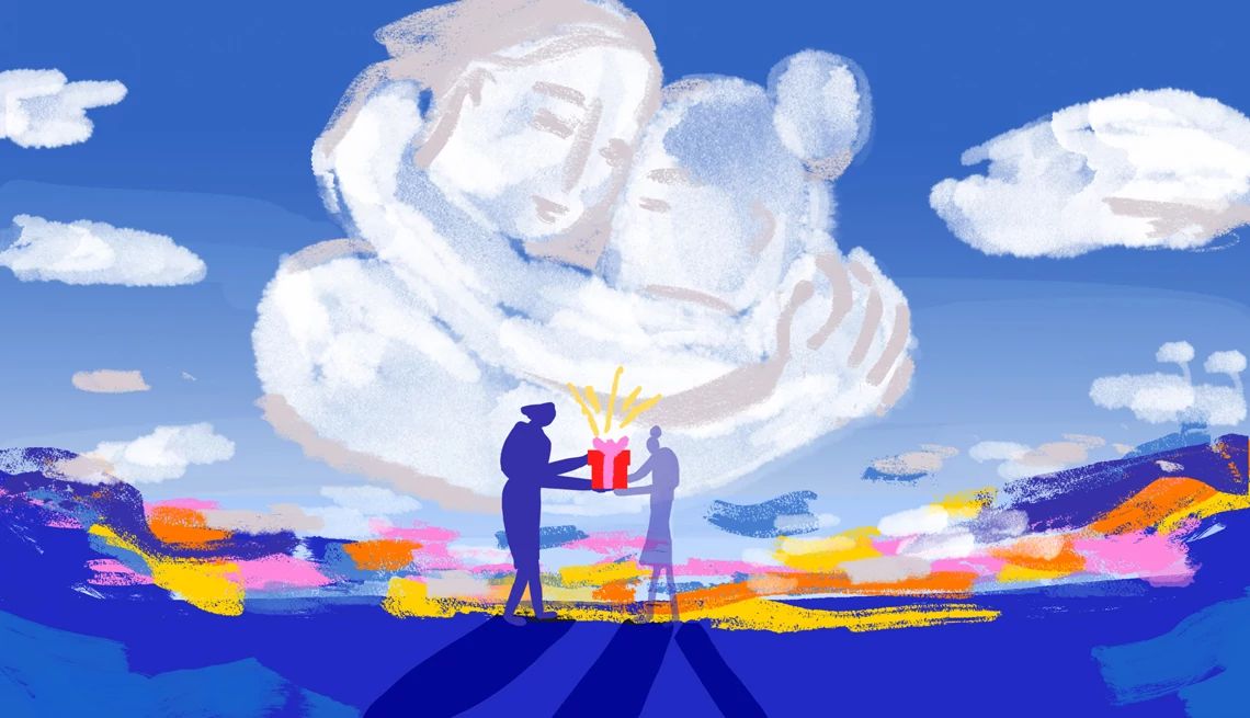 An Unexpected Gift a colorful chalk illustration shows a silhouette of an elderly mother handing a gift to her daughter. In the sky above their younger selves, in the form of clouds, are shown hugging.
