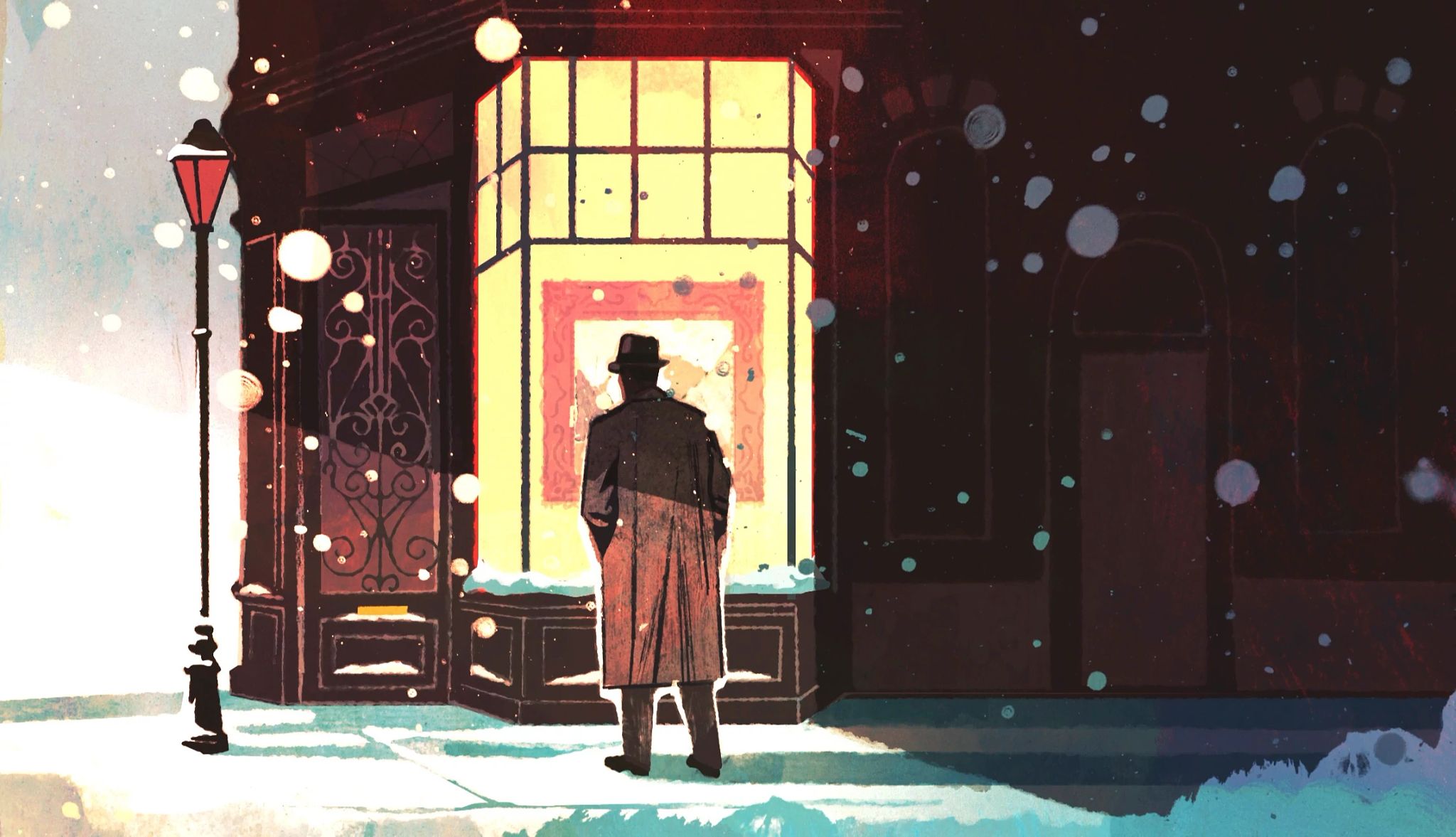 ‘The Christmas Mystery’ Chapters 5-9 An illustration of a man gazing in a warmly lit shop window, snow softly falling around him