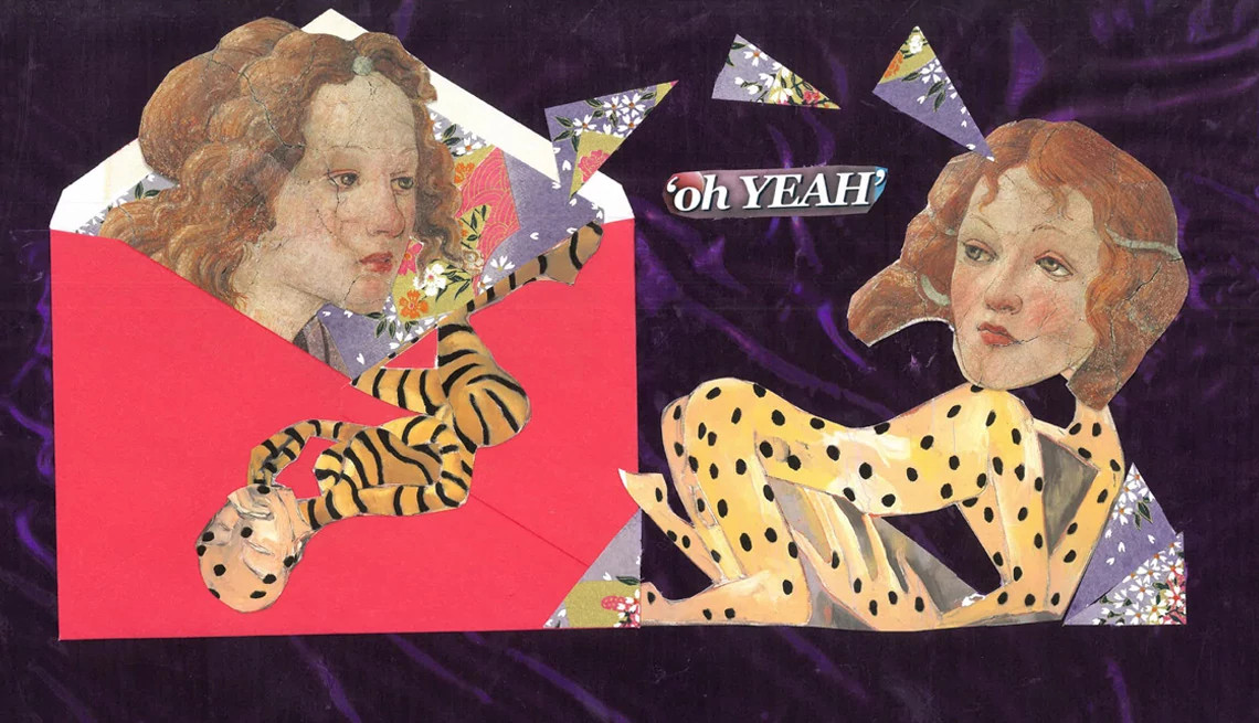 a graphic collage combines feline imagery with female faces taken from a classical painting style. The collage was inspired by a breathwork ritual to reclaim parts of the author that had been fragmented by buried trauma.