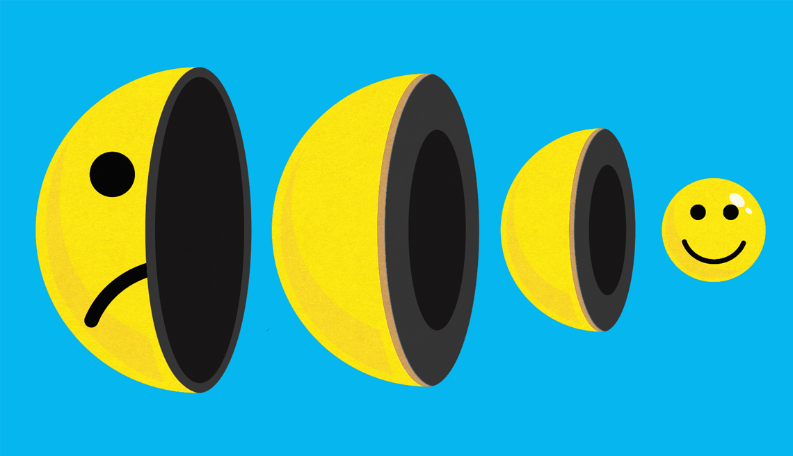 Learning to Want Less An illustration shows round emojis of various sizes on a blue background. The largest, far left, is frowning. The smallest, far right, is smiling