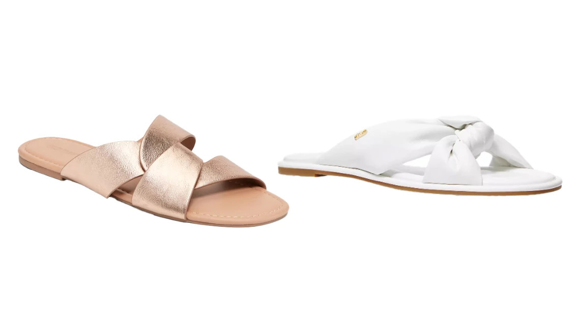 Old Navy Faux-Leather Link Strap Sandals in Rose Gold; Michael Michael Kors MMK Elena Knotted Slide Sandals in Optic White