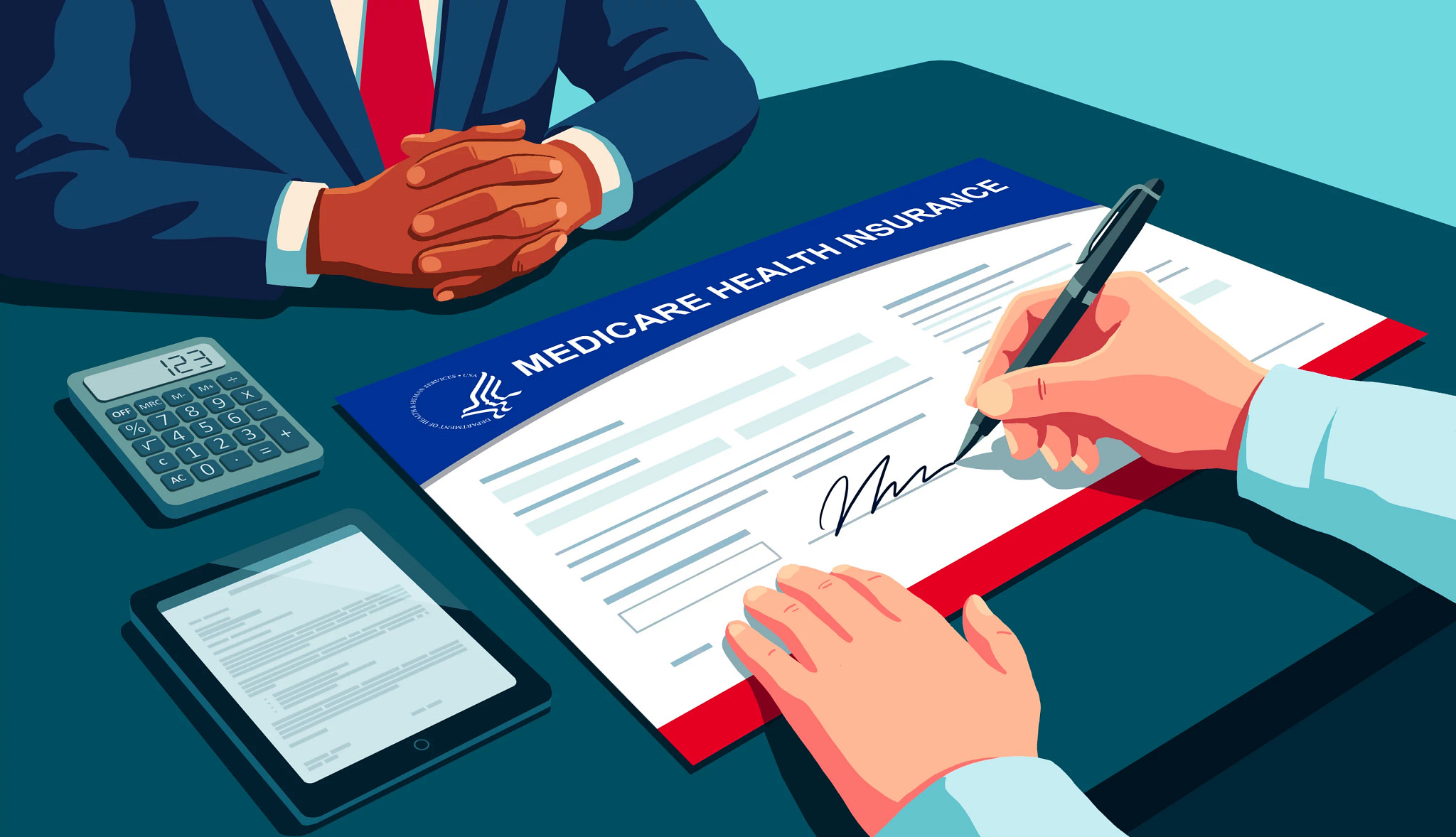 An illustration of an older adult's hands signing a Medicare health insurance document at a desk during a meeting with an insurance agent.