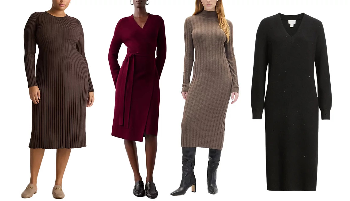 a collage with models wearing sweater dresses