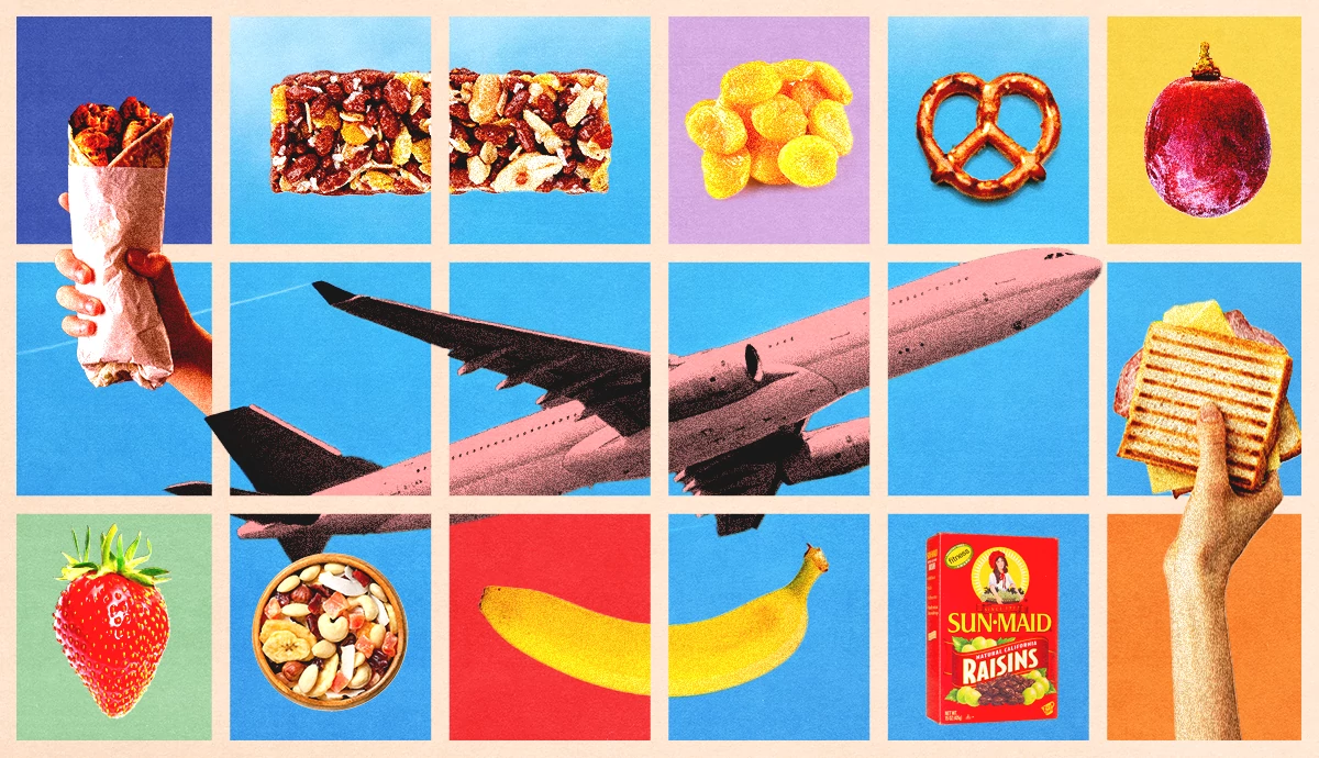 a collage of snacks with an airplane at the center
