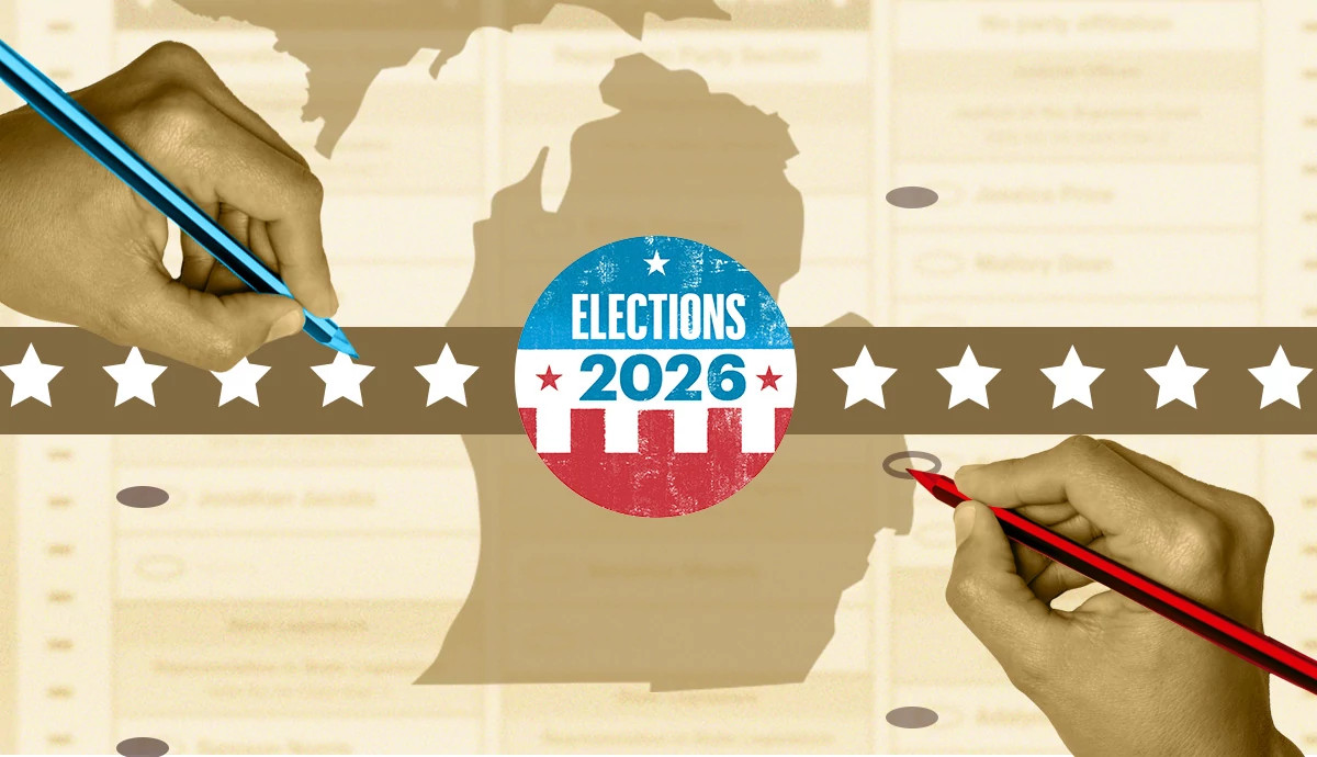 outline of the state of michigan with hands holding a red and blue pencil