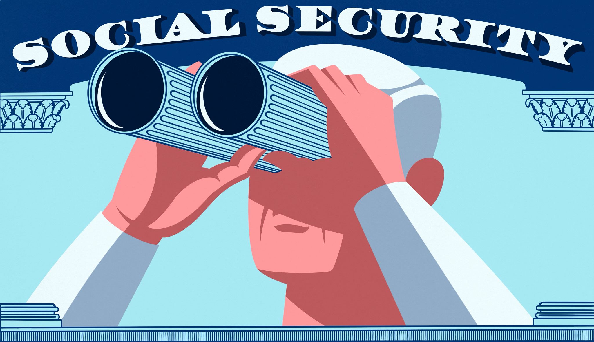 a man looking through binoculars in front of a social security card background
