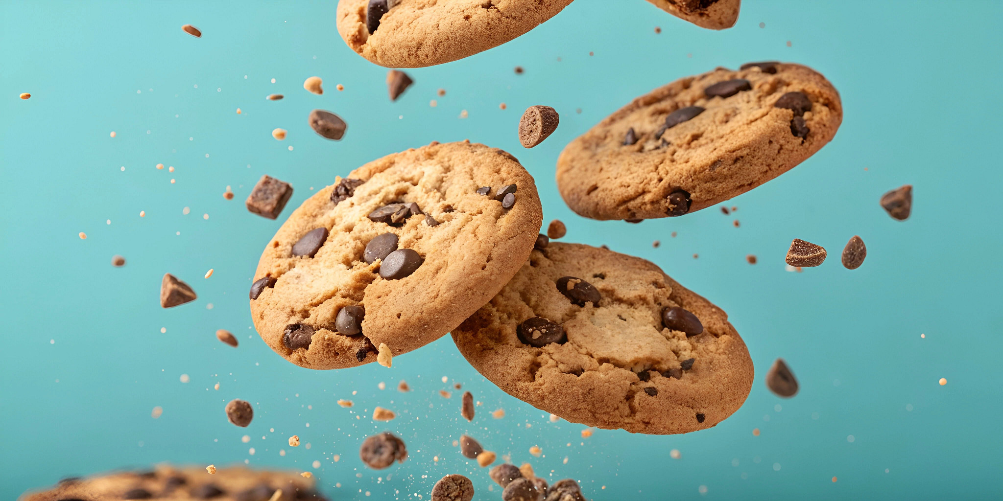 a photo illustration shows chocolate chip cookies falling in front of a blue background, with chips and crumbles also falling around the cookies