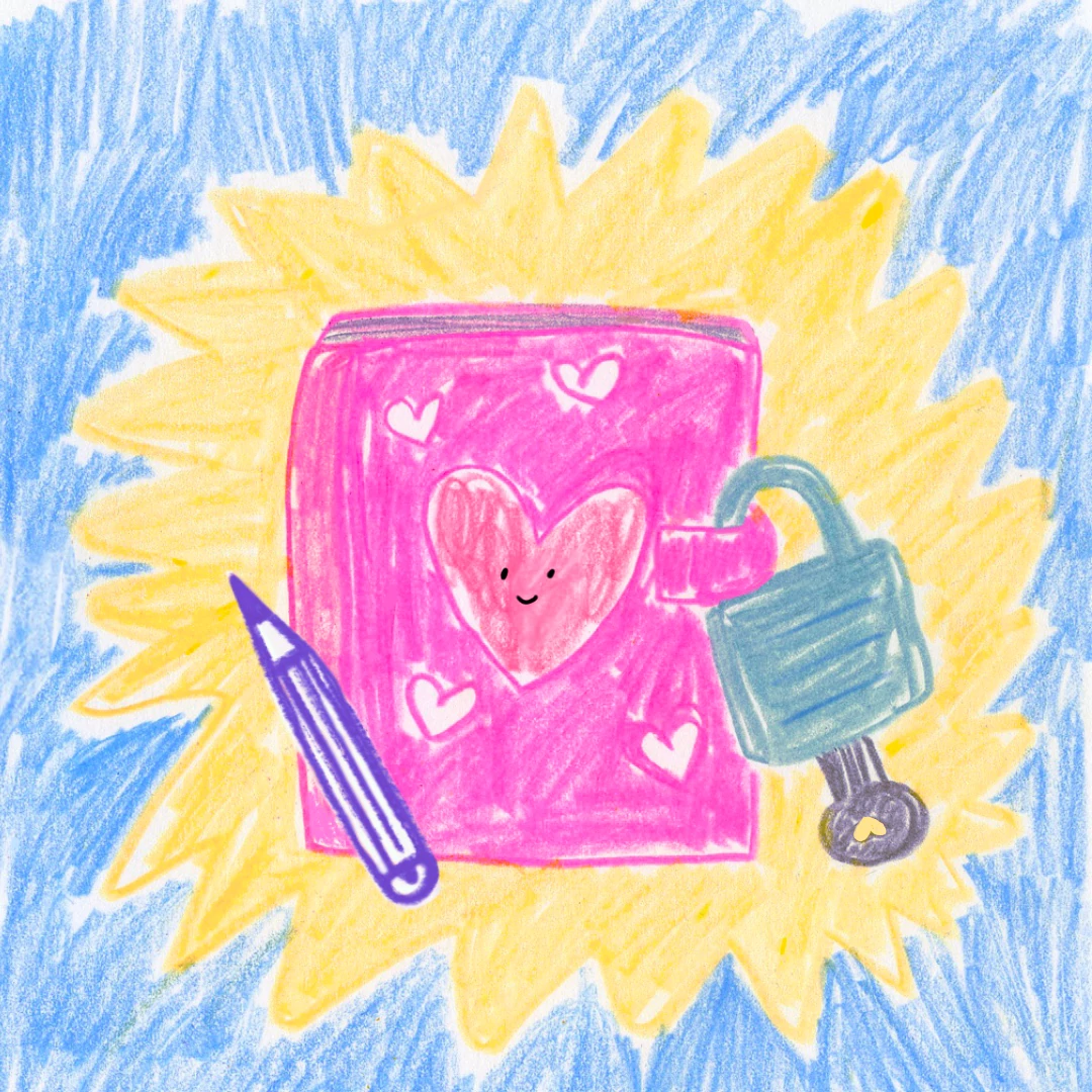 Colored-pencil illustration of a pink diary, purple pen, and padlock beneath a bright sky