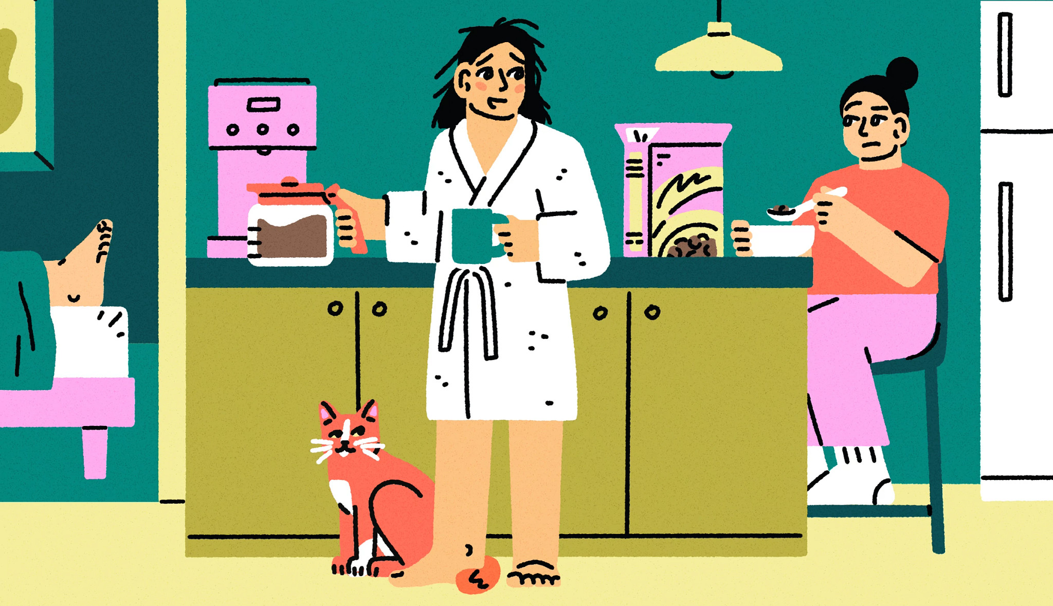 illustration of daughter looking at mom uncomfortable after hearing her have sex