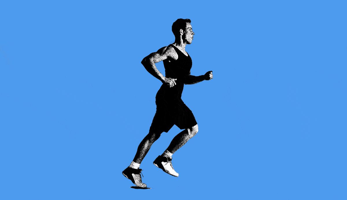 high-contrast illustration of an older adult in athletic wear running against a solid blue background.