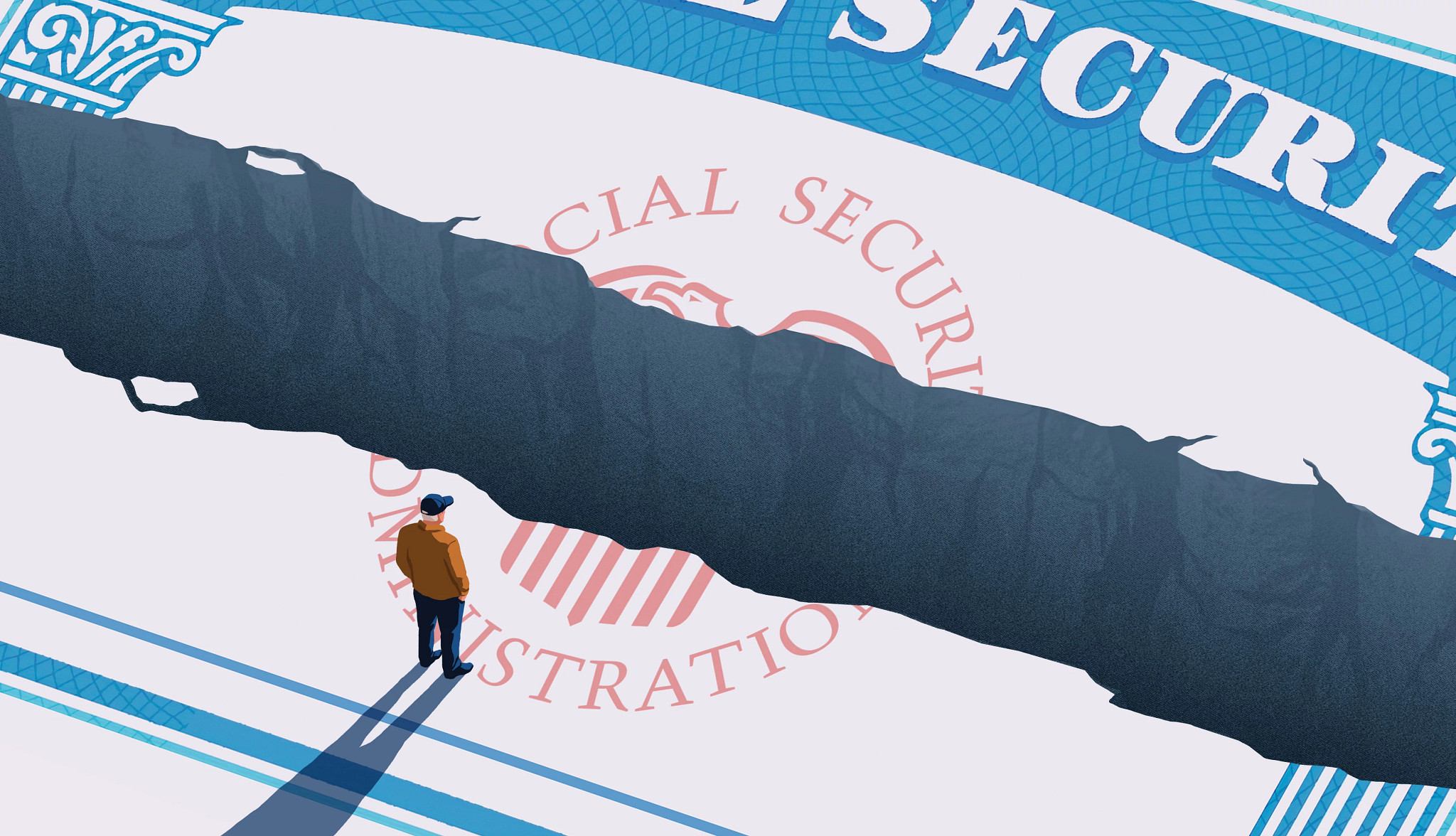 A graphic illustration of a person standing on a ripped social security card