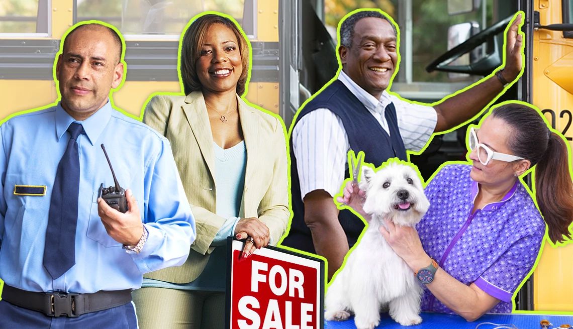 Retired people who are working part-time jobs while standing in front of a school bus People in work uniforms and outside standing in front of a school bus
