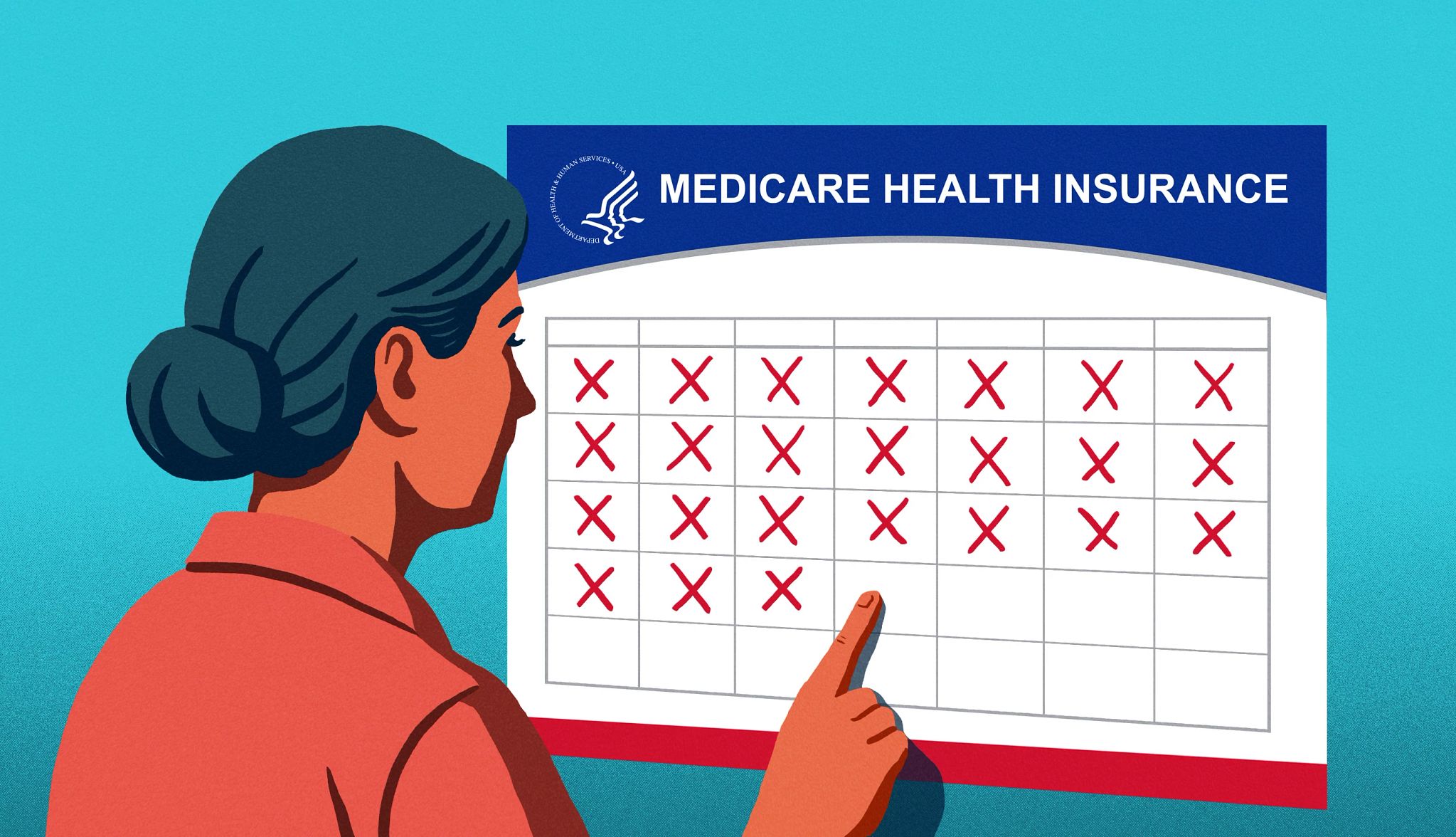 Sign Up for Medicare if You’re Working at 65 Illustration depicts an adult woman looking at a calendar labeled "MEDICARE HEALTH INSURANCE"
