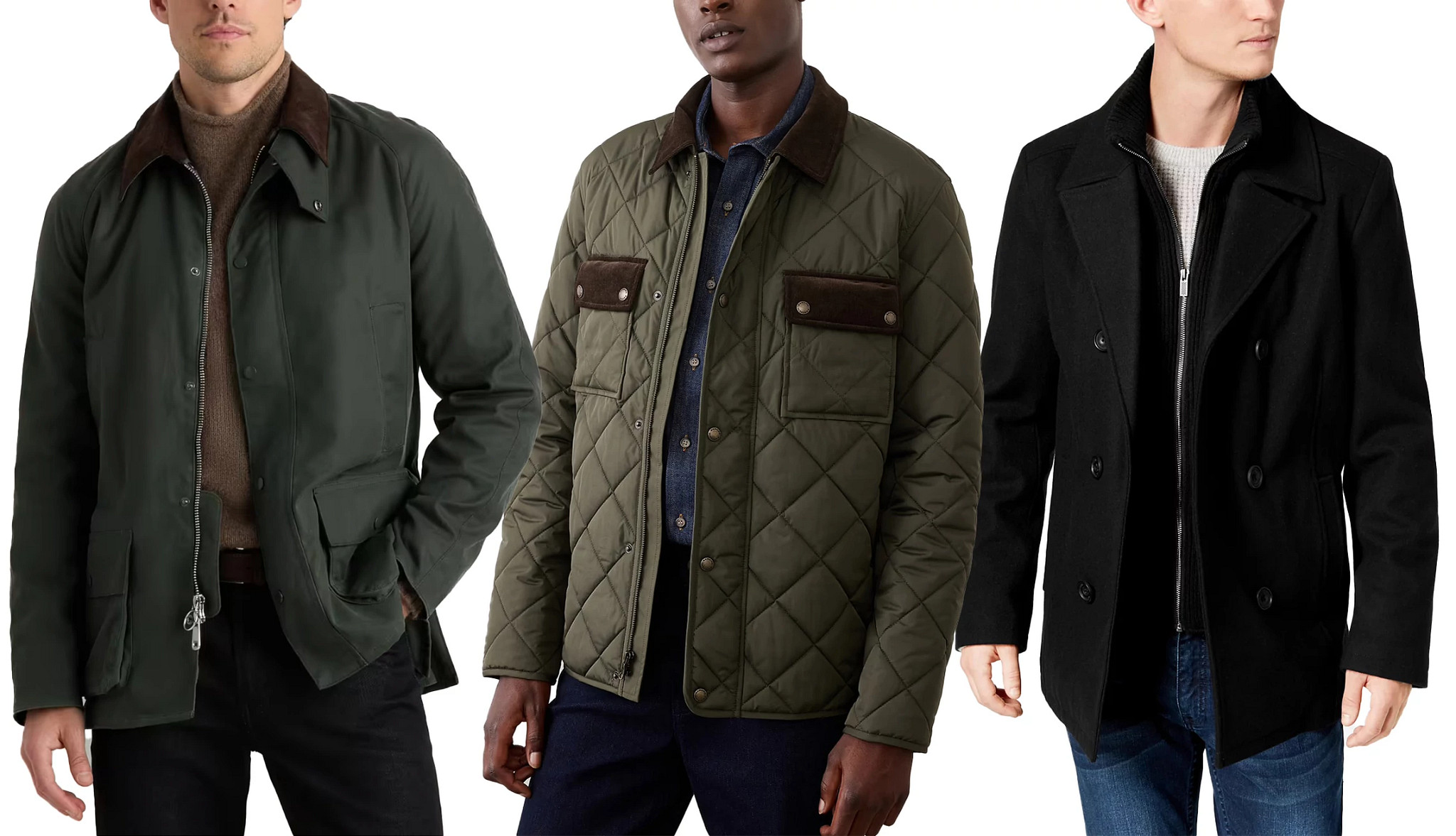 a collage with models wearing 3 styles of mens casual jackets