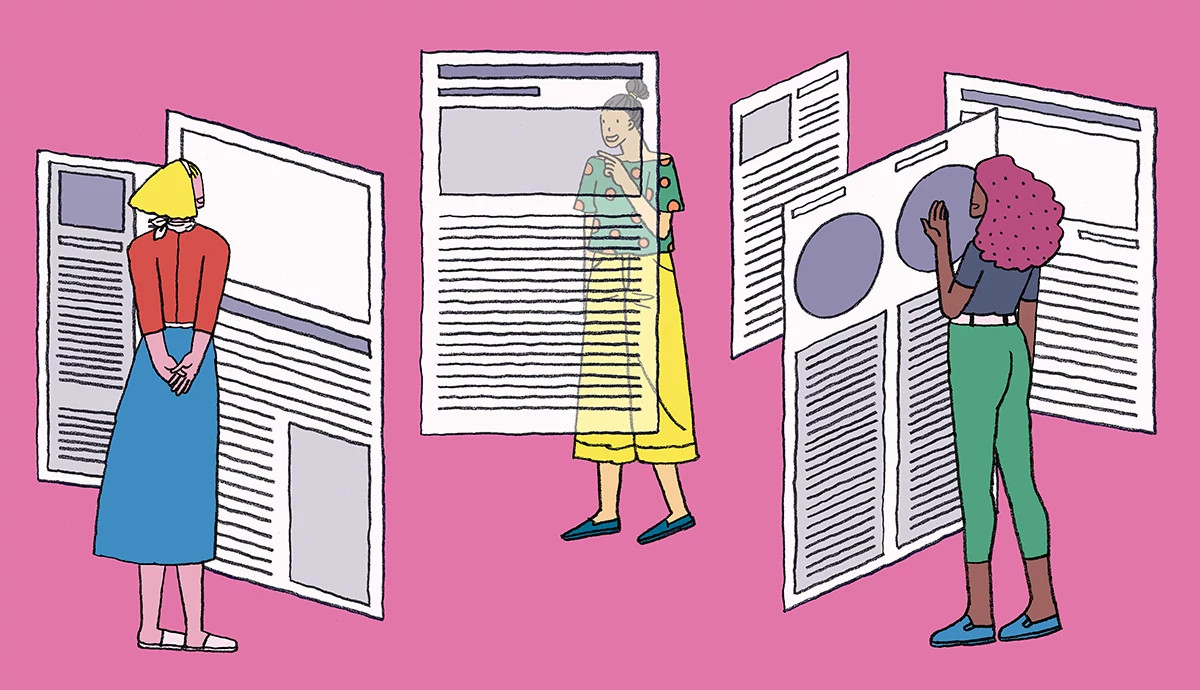 Illustration of three women reading newsletters