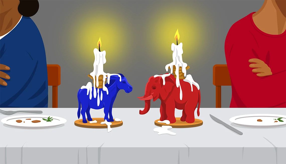 Politics Kills the Mood An illustration shows a couple sitting at the dining room table with their backs to each other. In the space between them are two facing candles – one in the shape of the Democrats’ donkey, the other the GOP’s elephant.