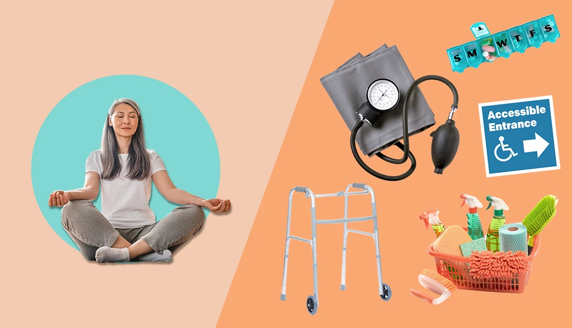 A woman meditates next to images of a blood pressure cuff, medication, a walker and cleaning supplies.