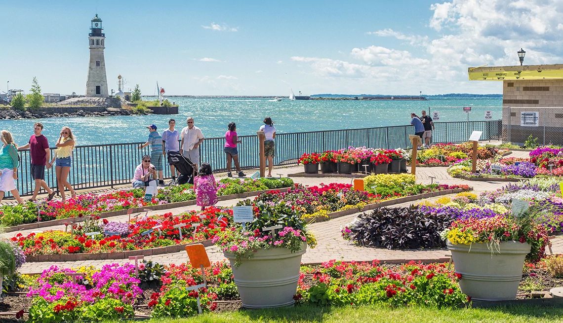 Erie Basin Marina Gardens on Lake Erie with a lighthouse in the background in Buffalo, New York
