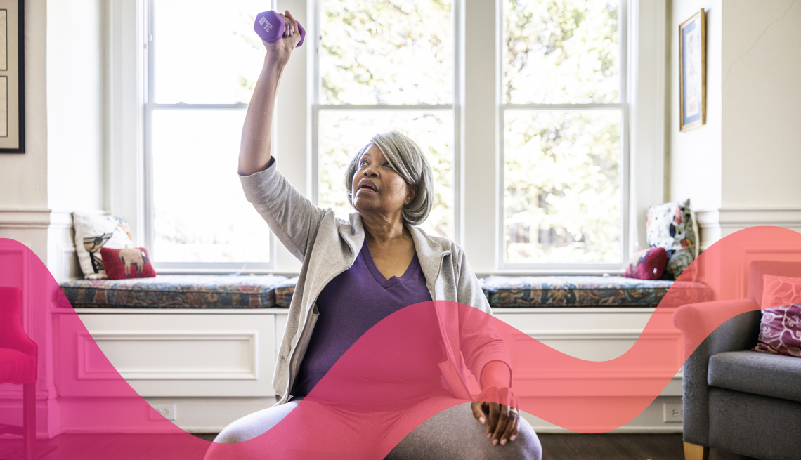 High blood pressure is a serious health concern for many older people. woman exercising with small weights with a blood pressure line across the image