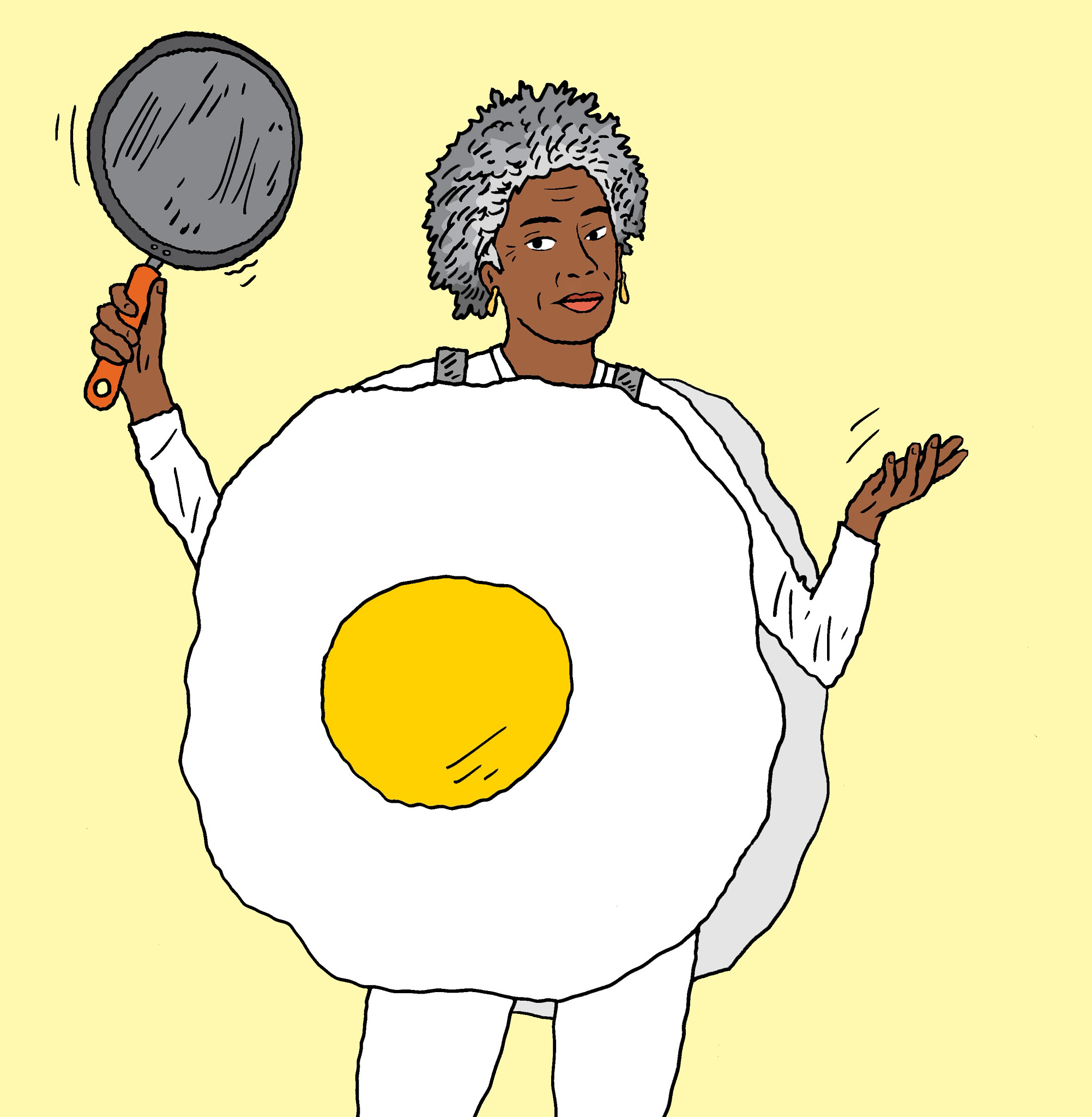 A woman costumed as a fried egg with a frying pan in her hand, poking fun at the classic anti-drug commercial