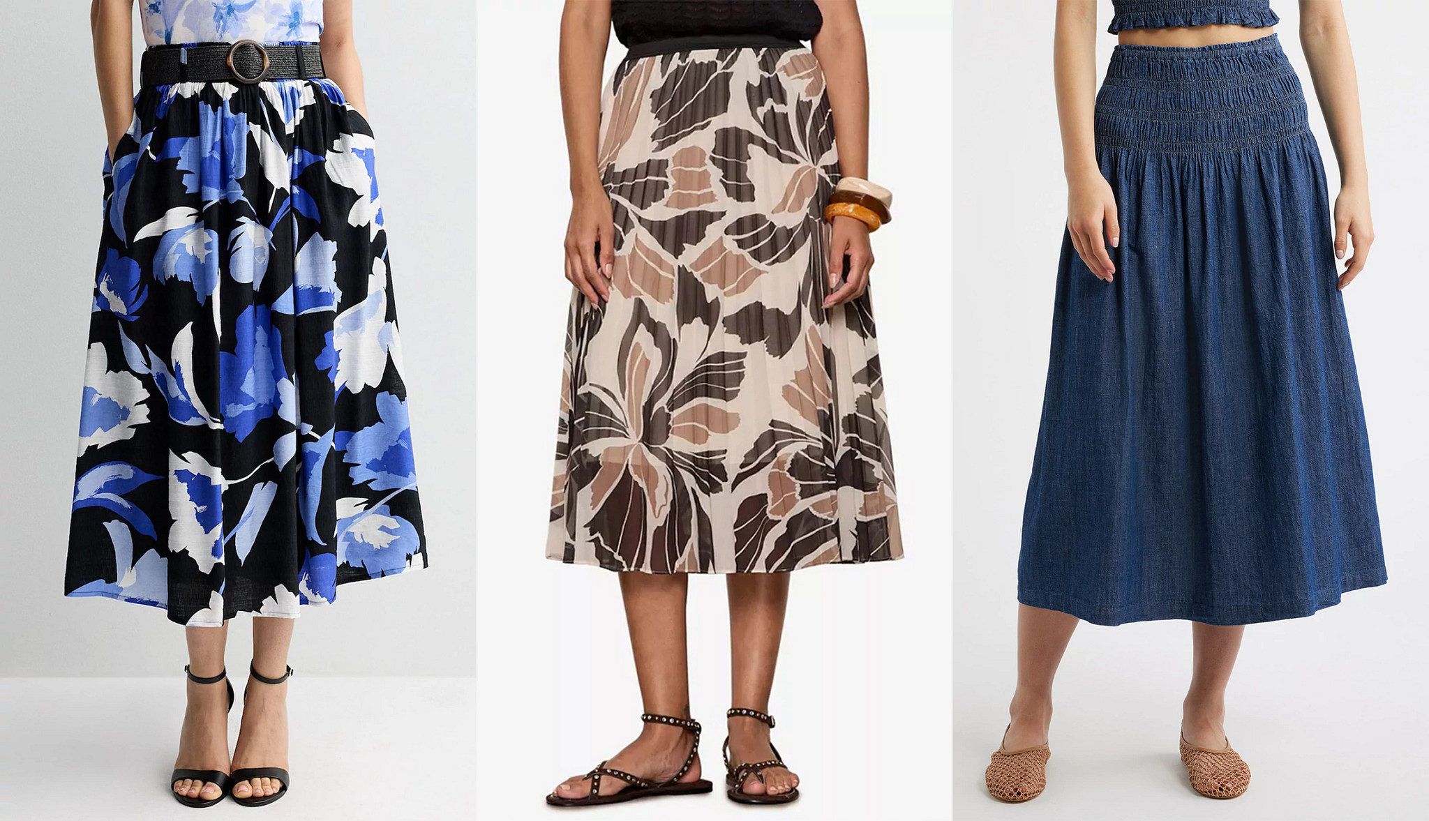 models wearing three different styles of midi length skirts